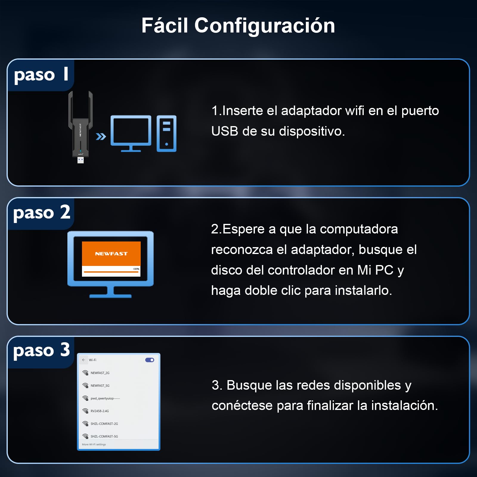 NEWFAST AXE5400Mbps Adaptador WiFi USB para PC Adaptador WiFi6E, USB3.0 Wi-Fi 6 para PC 6GHz/5GHz/2.4GHz Antena WiFi USB Compatible Windows 11/10, MU-MIMO