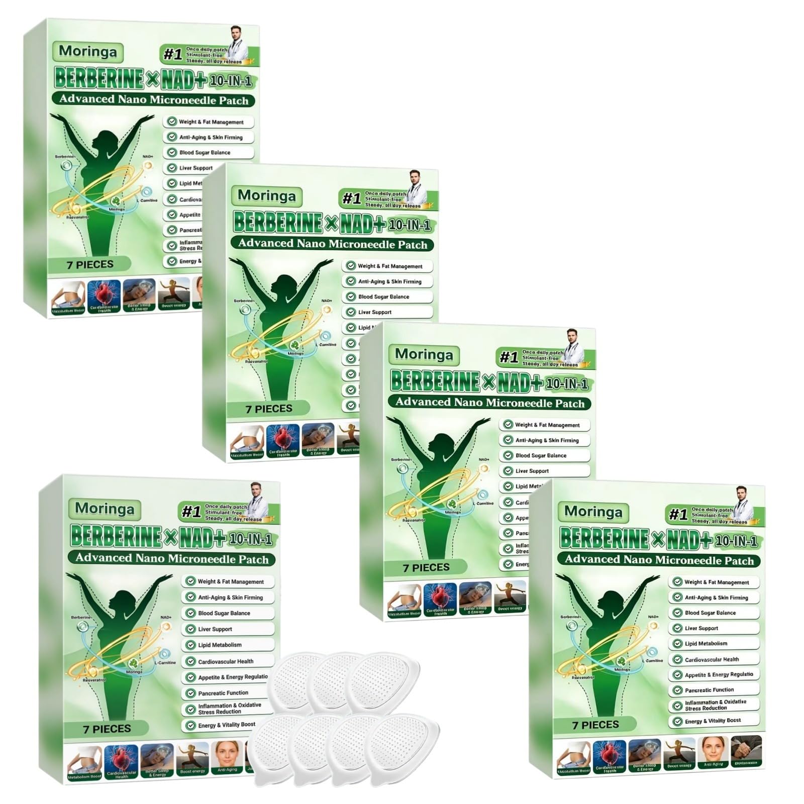 10 in 1 Nano Microneedle Patch, Moringa X Berberine Patch dimagrante naturale per perdita di peso, pancia piatta, facile da applicare, invisibile, uomo e donna