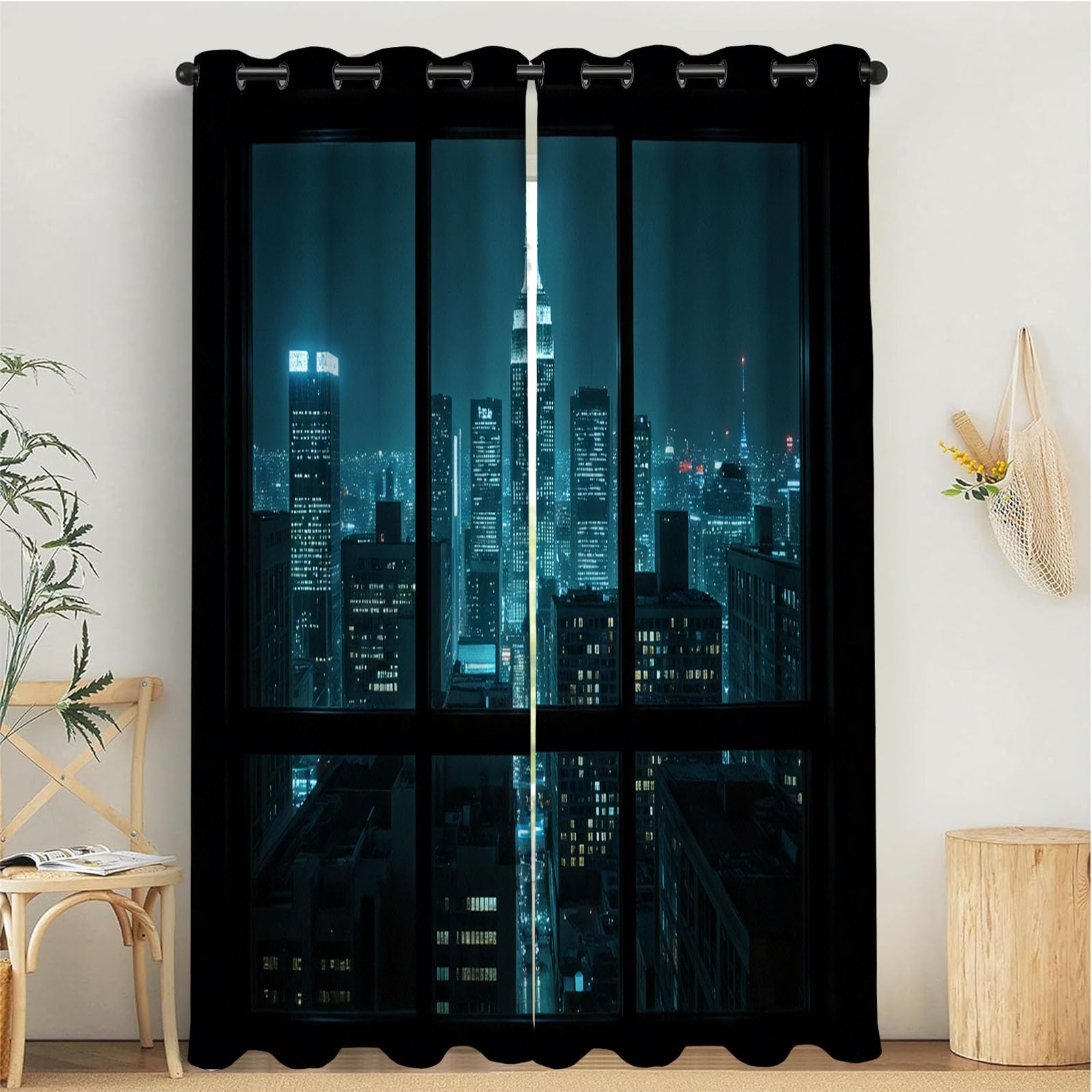 Rideaux opaque anti froid thermique bleu foncé avec motif ville 140x200 cm