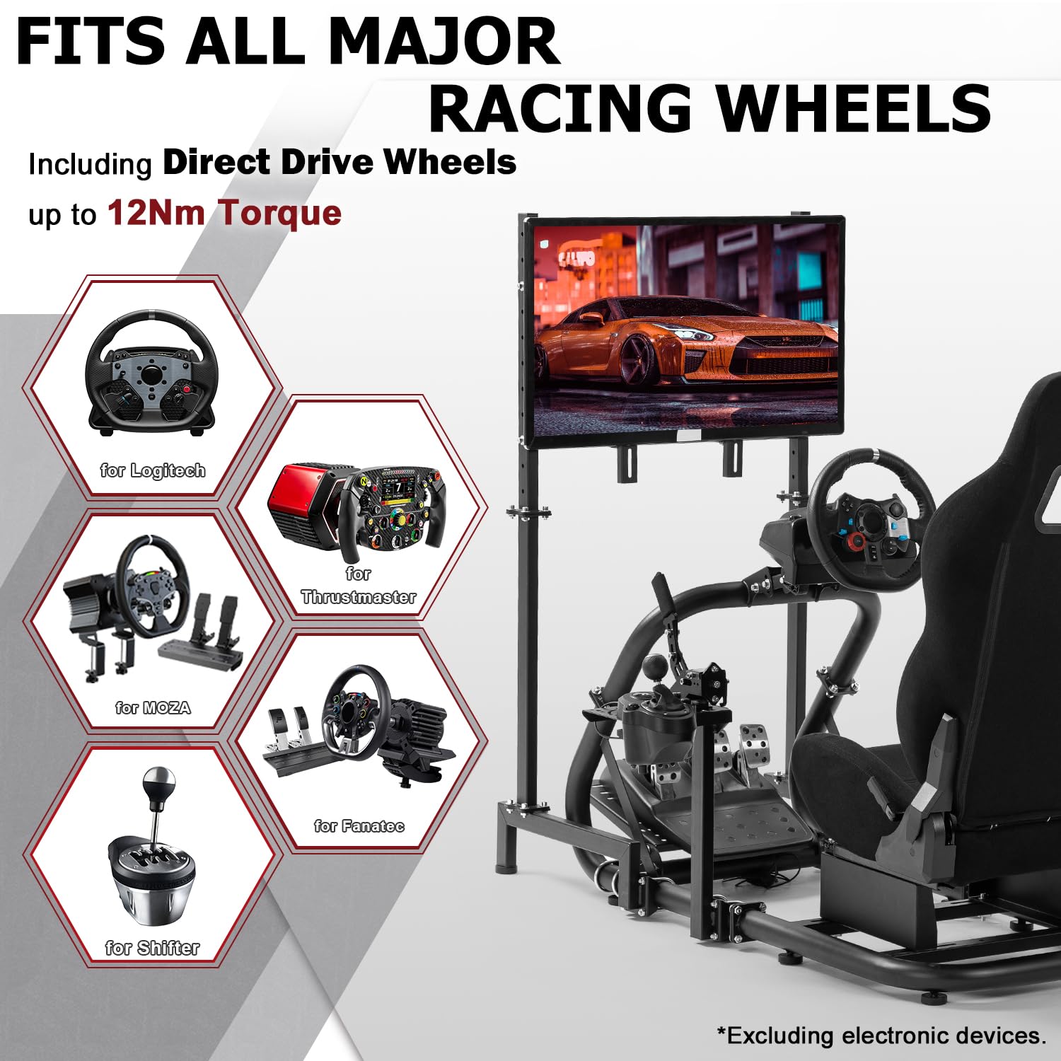 Supllueer Racing Sim cockpit con sedile ergonomico e supporto per monitor adatto per Logitech/Fanatec/Thrustmaster G27 G923 G920,50 mm grande tubo rotondo supporto simulatore di guida, no