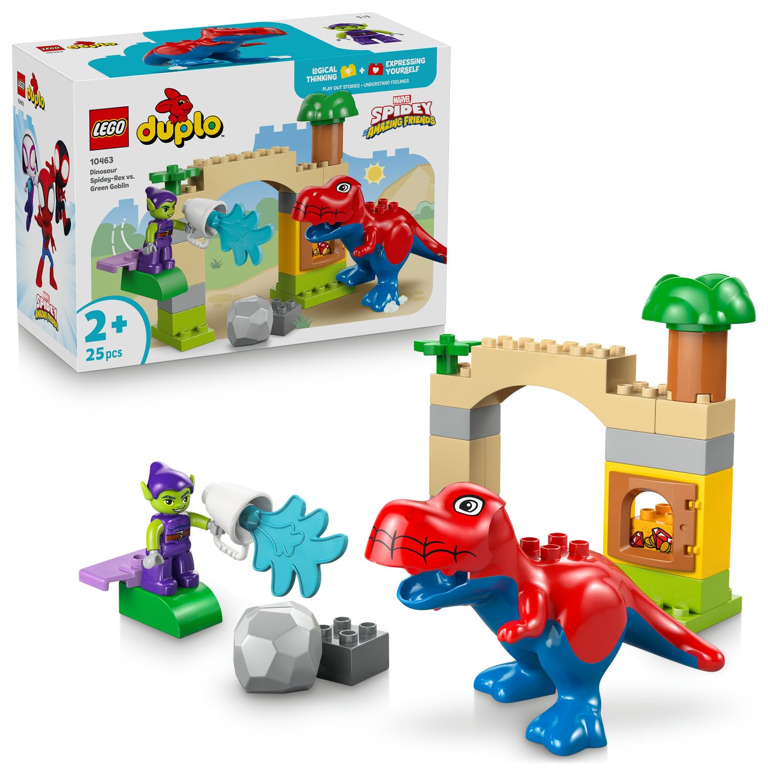 LEGO DUPLO │ Marvel Dinozor Spidey-Rex, Yeşil Goblin’e Karşı 10463-2 Yaş ve Üzeri Kız ve Erkek Çocuklar için 2 Figür İçeren Eğitici Oyuncak Yapım Seti, Çocuklar için Yaratıcı Hediye Fikri (25 Parça)
