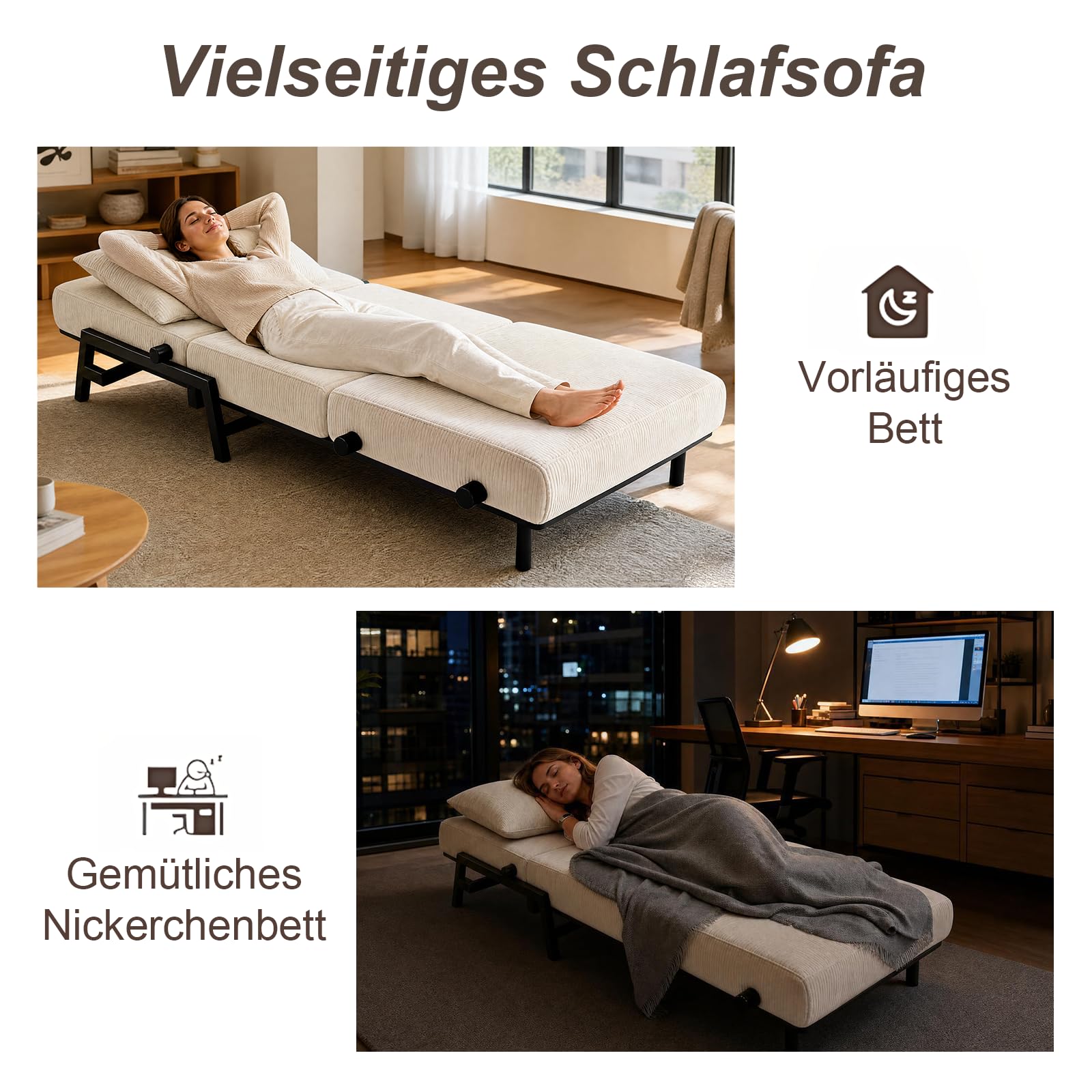 Generisch 2-in-1 Schlafsofa mit Bettfunktion, Cord Schlafcouch mit Kopfkissen, Bequeme Schlafcouch für Kleine Wohnzimmer, Schlafzimmer und Gästezimmer