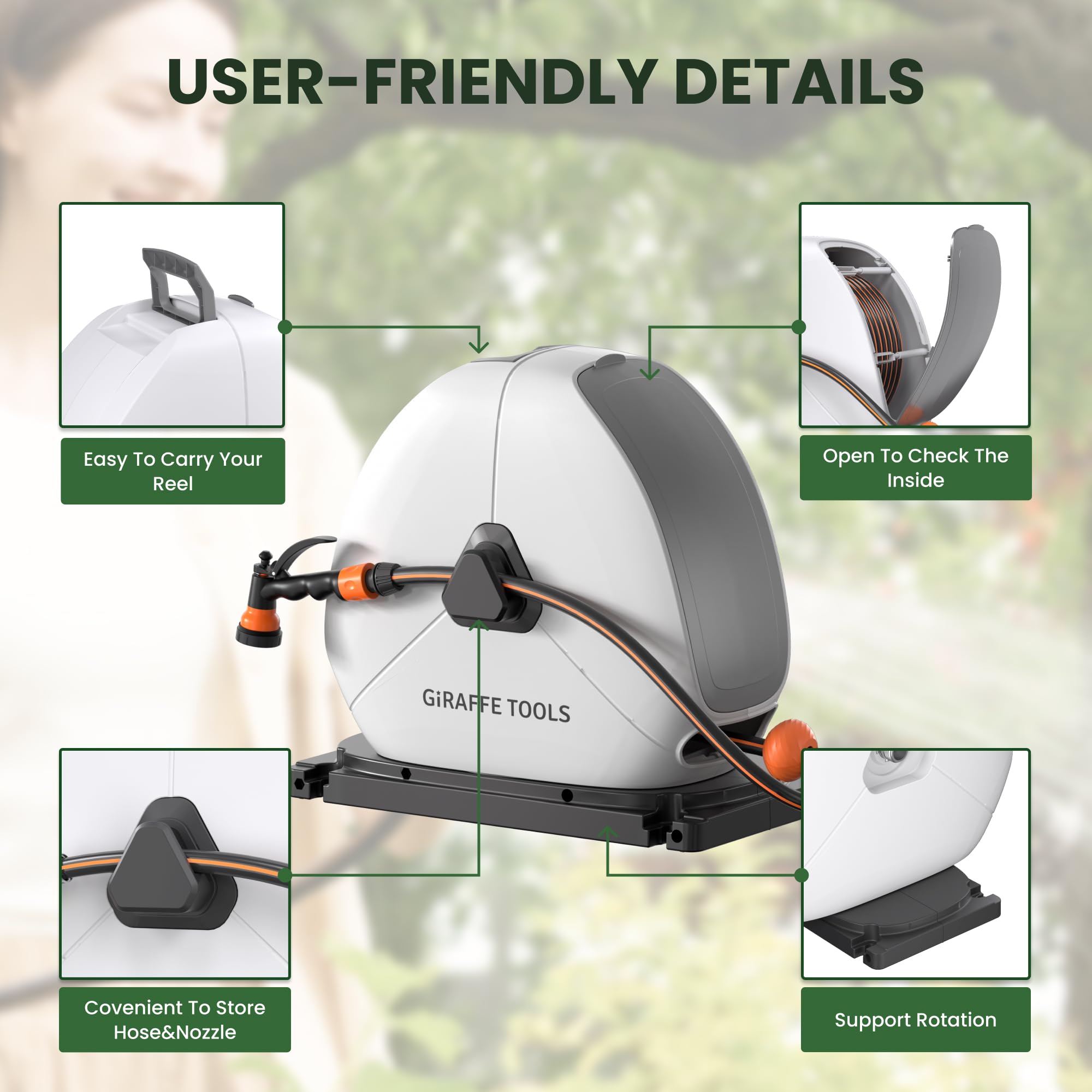 Giraffe Tools Zwijany bęben na wąż z 30M, wytrzymały montowany na podłodze ogrodowy bęben na wąż, z 7-funkcyjną dyszą opryskiwacza i elastyczną obrotową podstawą