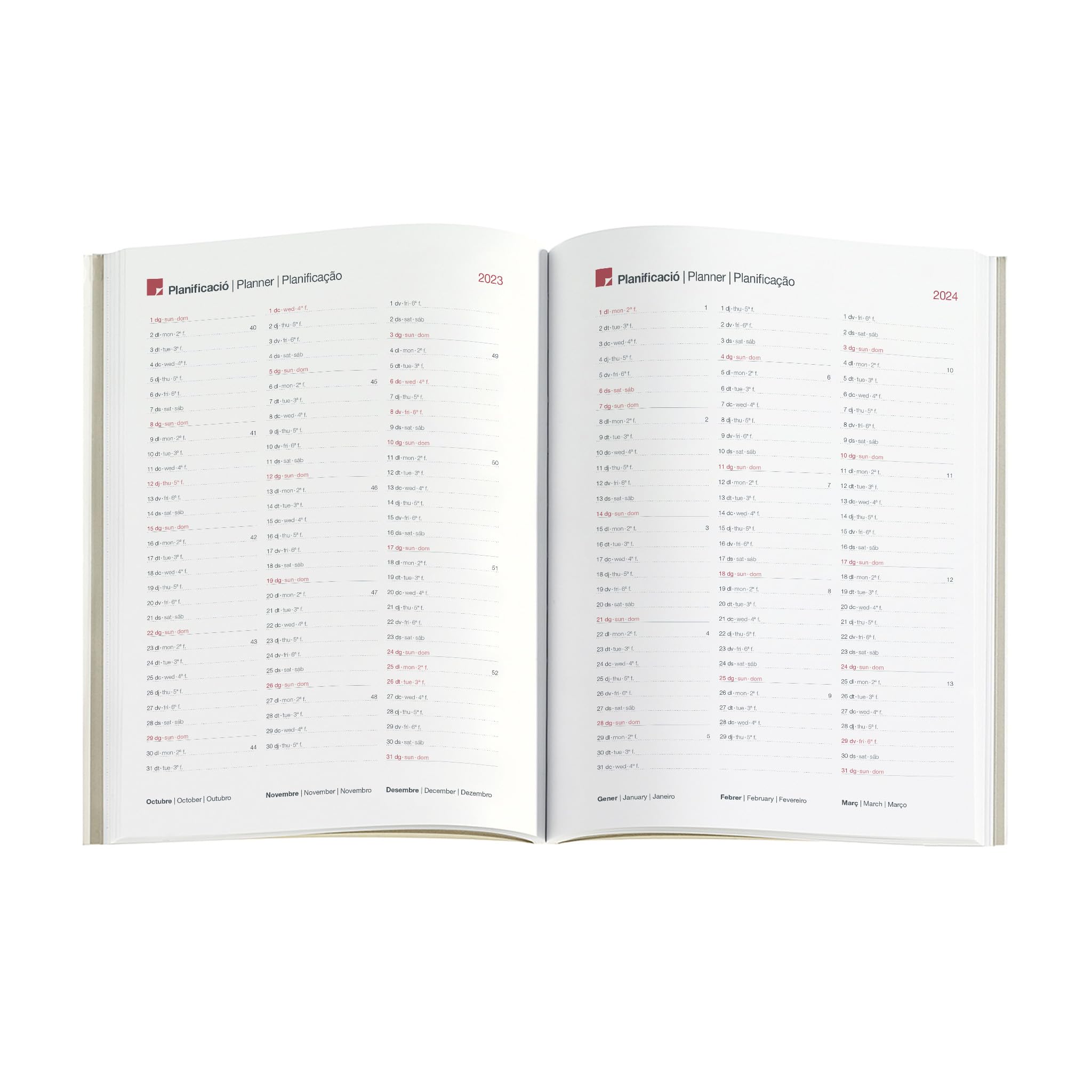 Miquelrius, Annual Planner 2024, Day Page, Plus Size 155 x 213 mm (Similar A5), Flexible Stitched Leather Cover, Catalan - Image 4