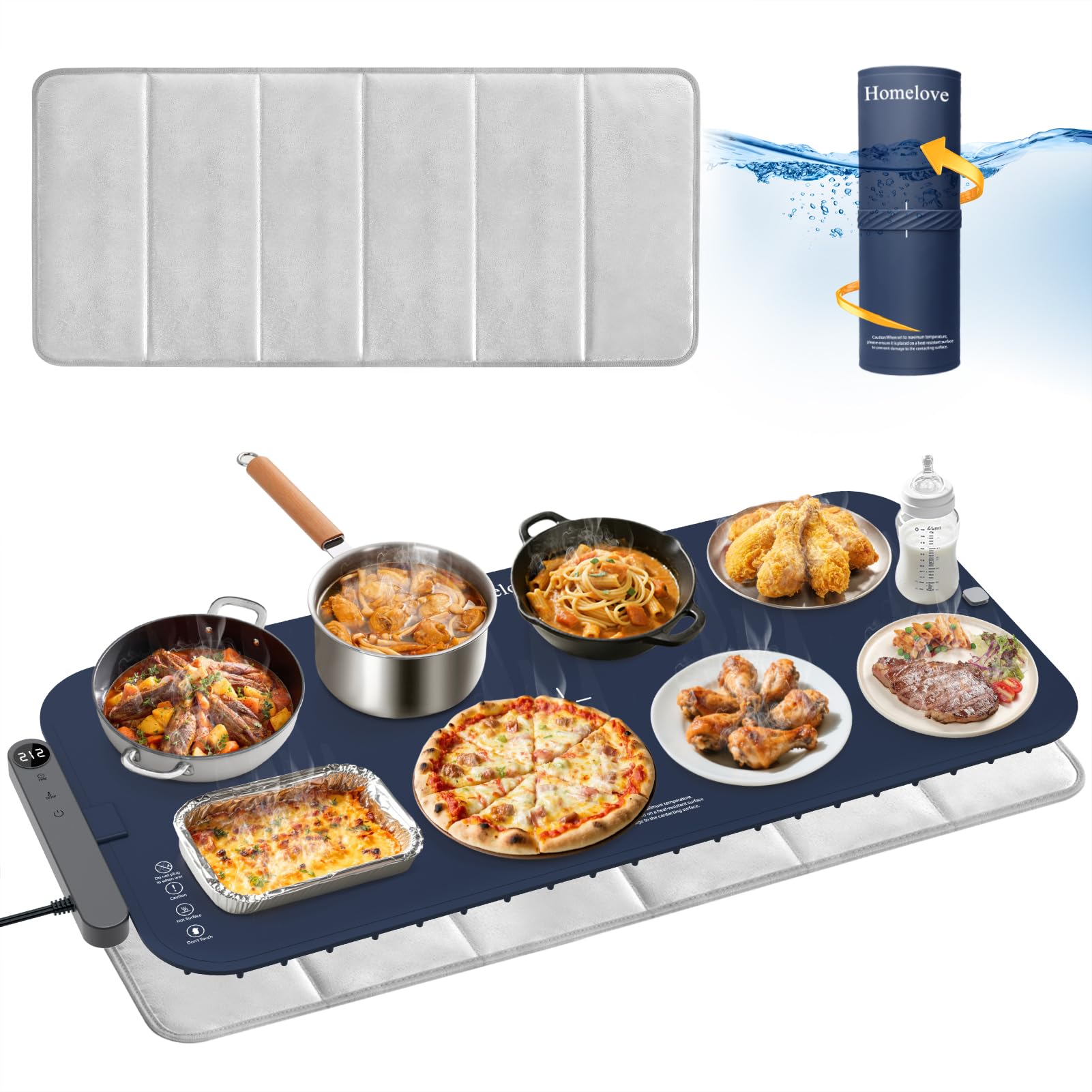 Homelove Warming Mat for Food - Electric Warming Tray with 7-Level Temp Settings &amp; 6 Hours Timer, Full Surface Graphene Heating, Waterproof Dishwasher-Friendly Food Warmer for Parties, Kitchen (Navy)