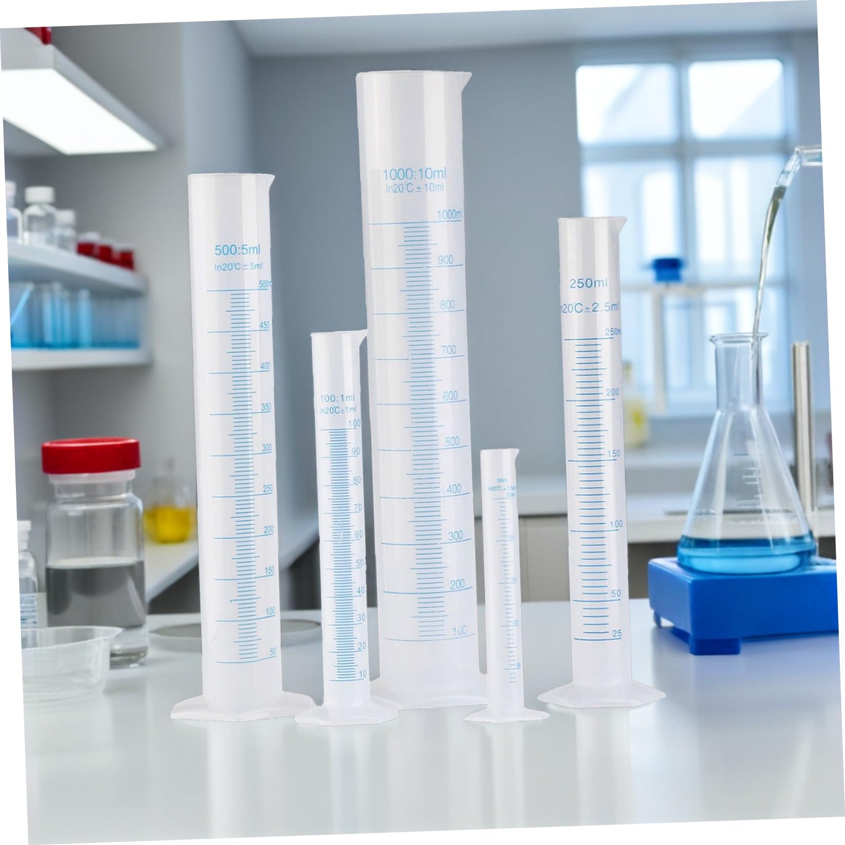 POPETPOP Juego de 5 Probetas, Cilindros de Medición para Escuela y Química, Escalas Claras, Base Estable y Resistencia al Deslizamiento