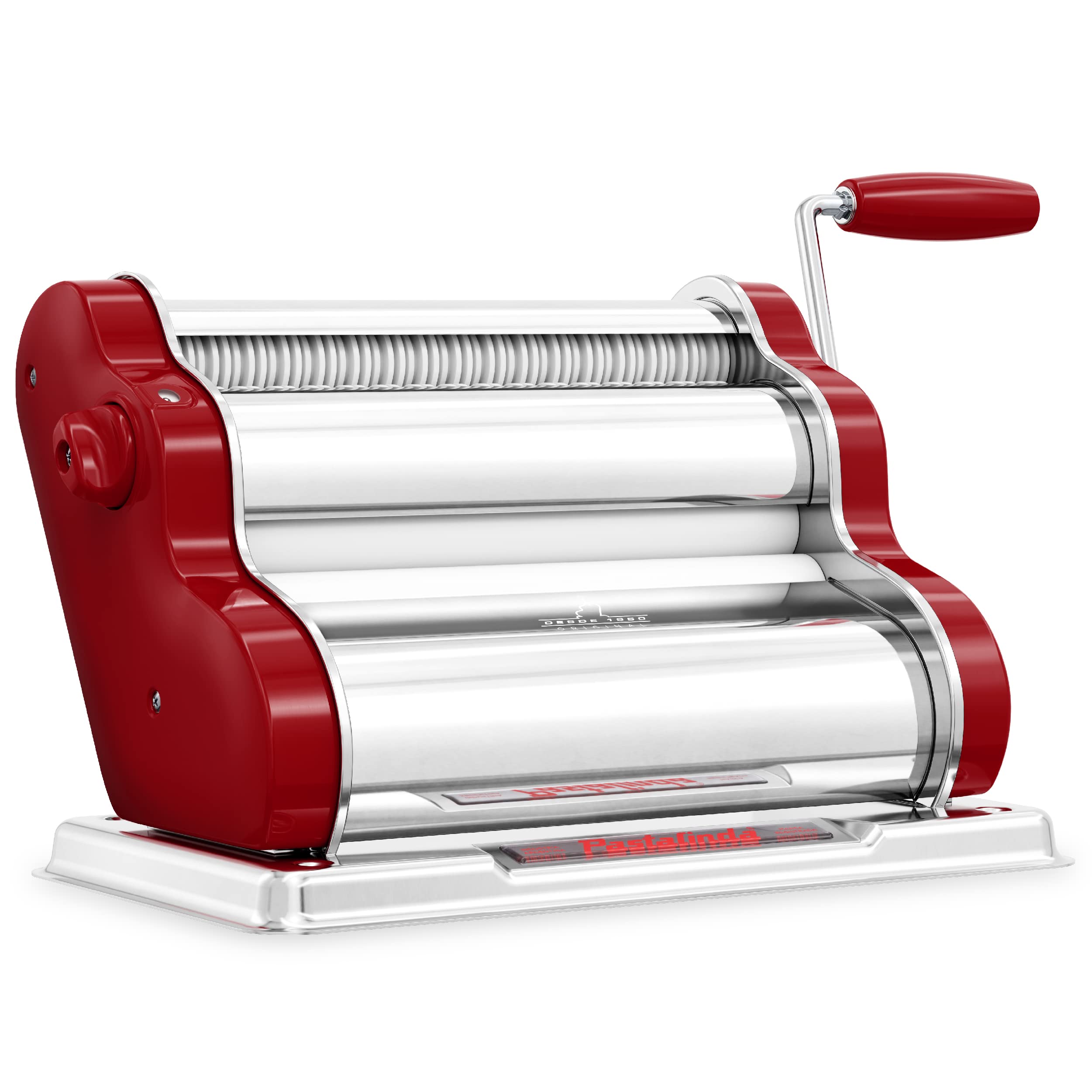 PASTALINDA Classic 260 Pasta Maker Machine, 26 cm Wide Rollers, 9 Thickness Positions, 2 Cutting Positions, Stainless Steel. Includes Reinforced Hand Crank And Two Clamps (Bordeaux)