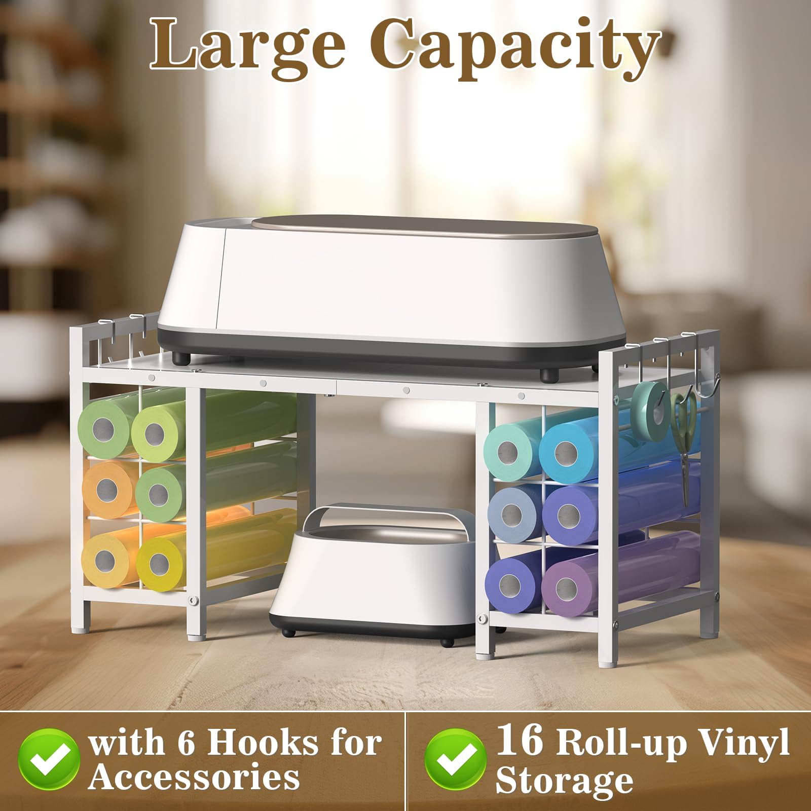 LIANTRAL Mesa de Almacenamiento con 12 Soportes para Rollos de Vinilo, Estante de Almacenamiento para Manualidades, Color Blanco