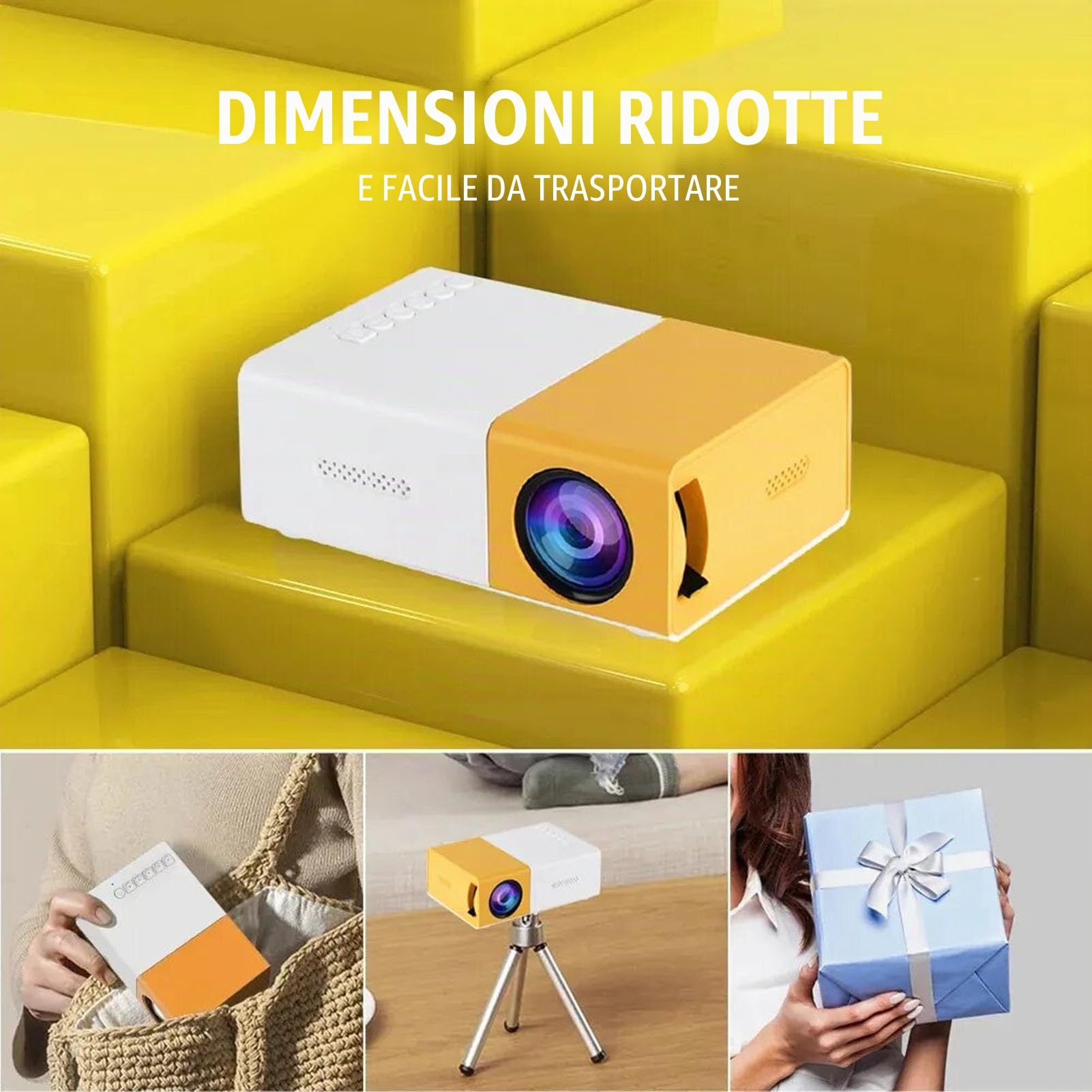 Mini Proiettore LED, Videoproiettore Home Theater Intelligente WiFi Full HD 1080P con Porte Multiple, Proiettore di Film Portatile da Viaggio per Esterni per PC Tablet (Spina