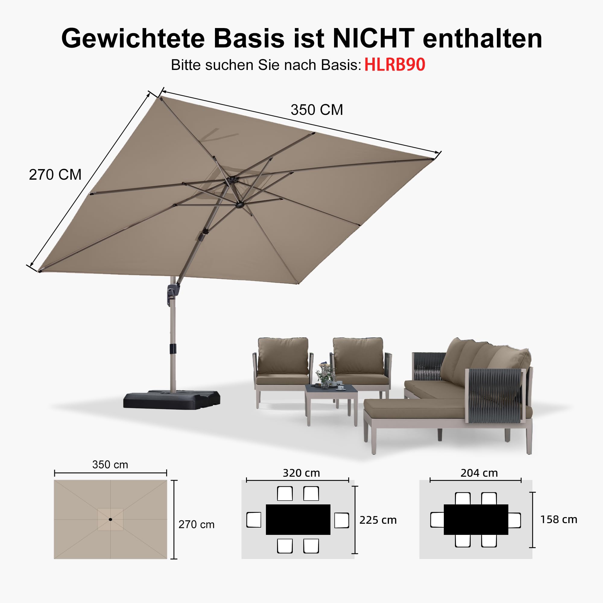 PURPLE LEAF Sonnenschirm 270 × 350 cm Champagnerframe Antirutschgriff Taupe | Ampelschirm Rechteckig, 8 Rippen & Dreieckskonstruktion, Stabil, Robust, 360° Flexibilität, Mehrfach Verstellbar, Komfortable
