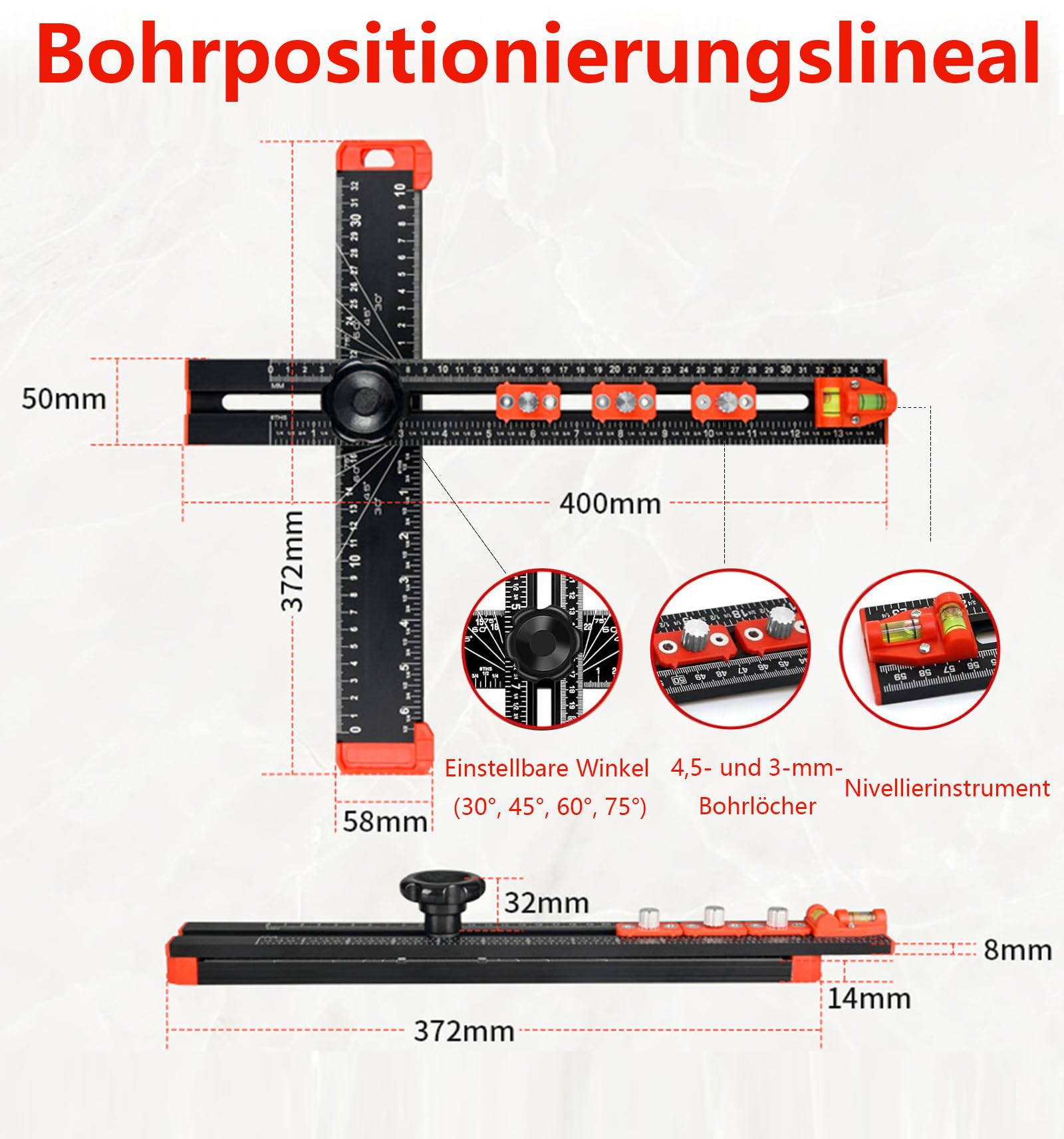 4-in-1 Aluminium Bohr-Positionierungslineal mit Doppel-Wasserwaage – Präzisions-Werkzeug für Holzbearbeitung | Verstellbare Länge/Winkel | für Regale & Möbelbau | 400mm Präzisionslineal