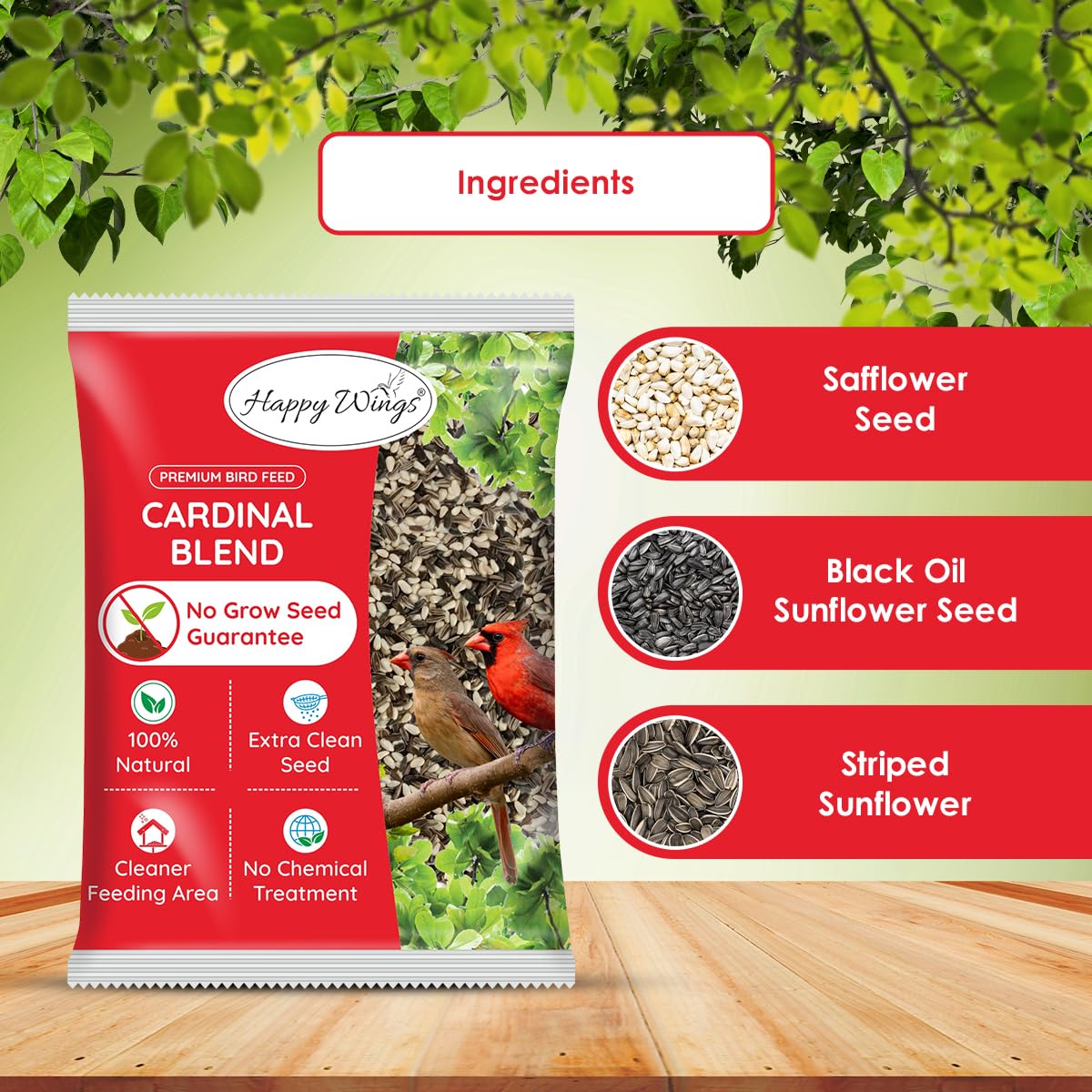 Happy Wings Comida para pájaros con mezcla de cardenales sin crecimiento (mezcla de corazones de girasol/granos y semillas de cártamo) - Alimento para pájaros altamente nutritivo - (5 libras)