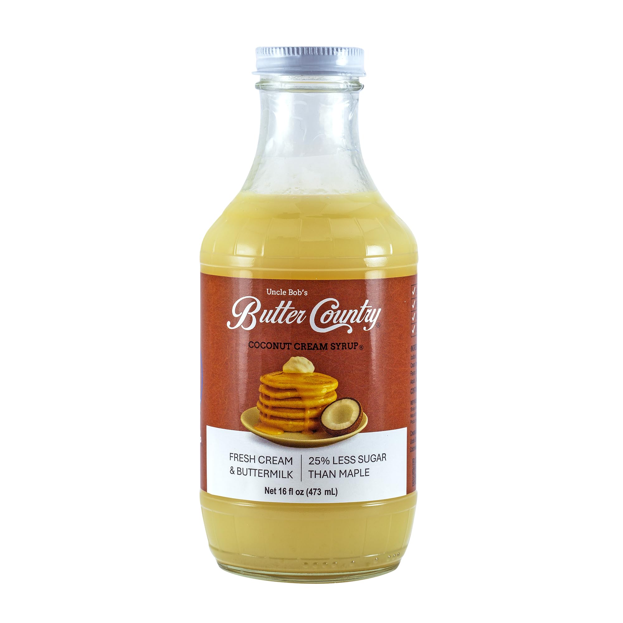 Uncle Bob's Butter Country Rich & Creamy Coconut Syrup for Pancakes and Waffles, Less Sugar, No Corn Syrup, Gluten Free, Made without Artificial Flavors, 16 fl oz Bottle