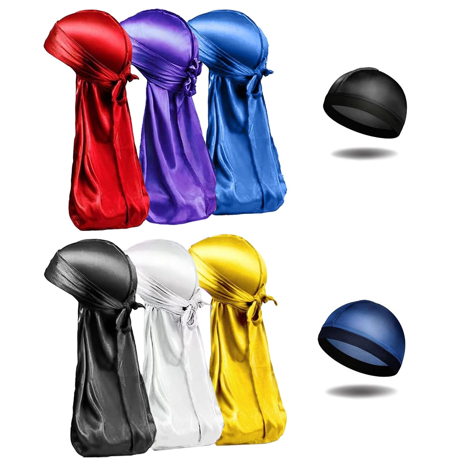 Terrilee 6Pcs Silk Durags 2Pcs Wave Cap for Men-Silky Satin Doo rag Pack for Men 360-Silk Durag for