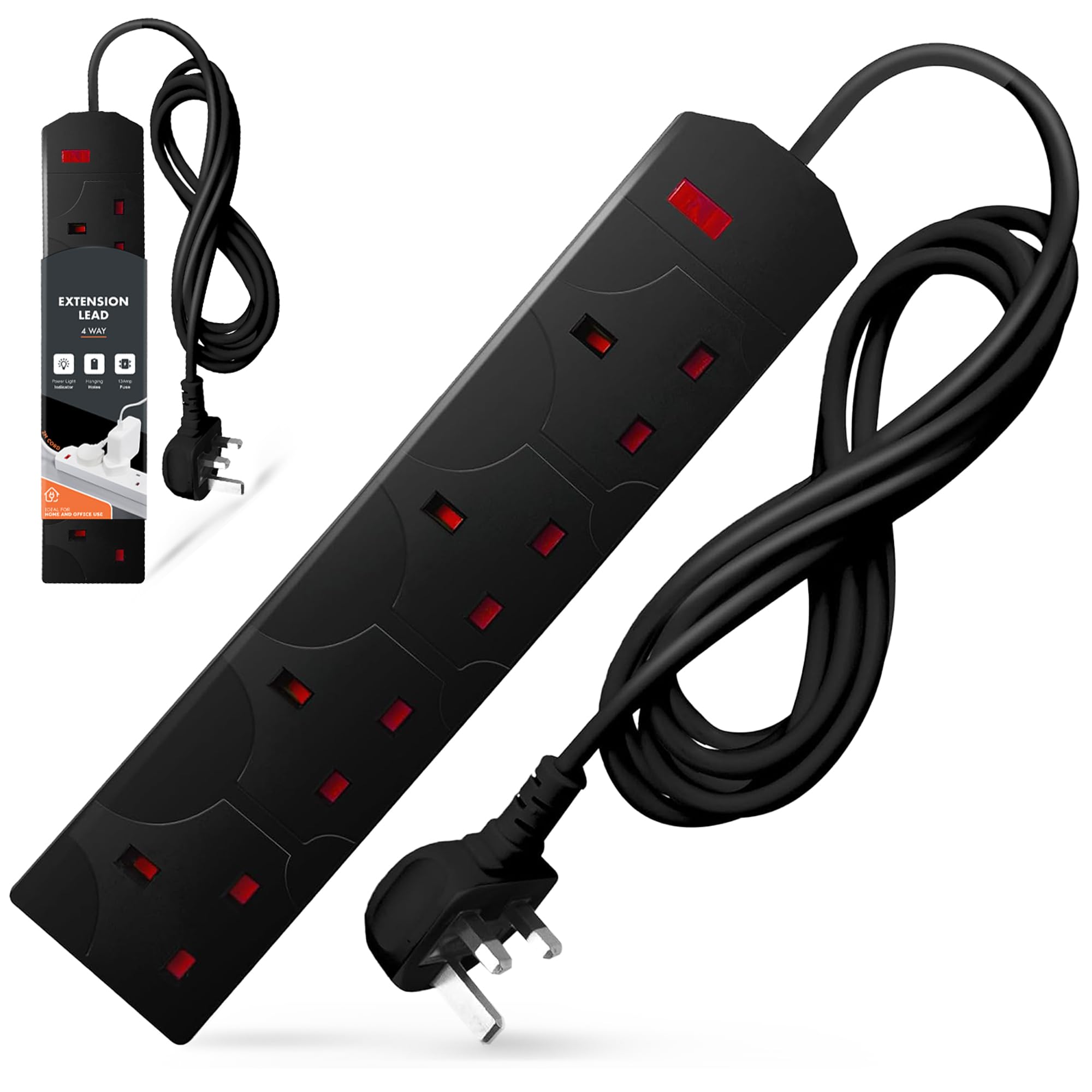 Wolf Power 4 Way Extension Lead, 2 Metre Extension Cable with UK 3 Pin Plug, Multi Socket Power Strip, Wall Mountable, Suitable for Home, Office & Appliances (Black, 1 Pack)