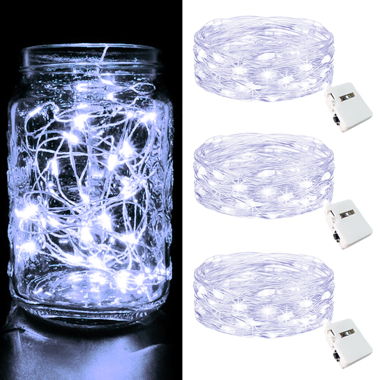 btfarm 3 Stück/3 Modi LED Lichterkette Batterie Klein, 2M 20LED Lichterkette mit Batterie, Mini Lichterketten Batteriebetrieben für Party, Weihnachten, DIY, Hochzeit, Innen Deko (Kaltes Weiß)