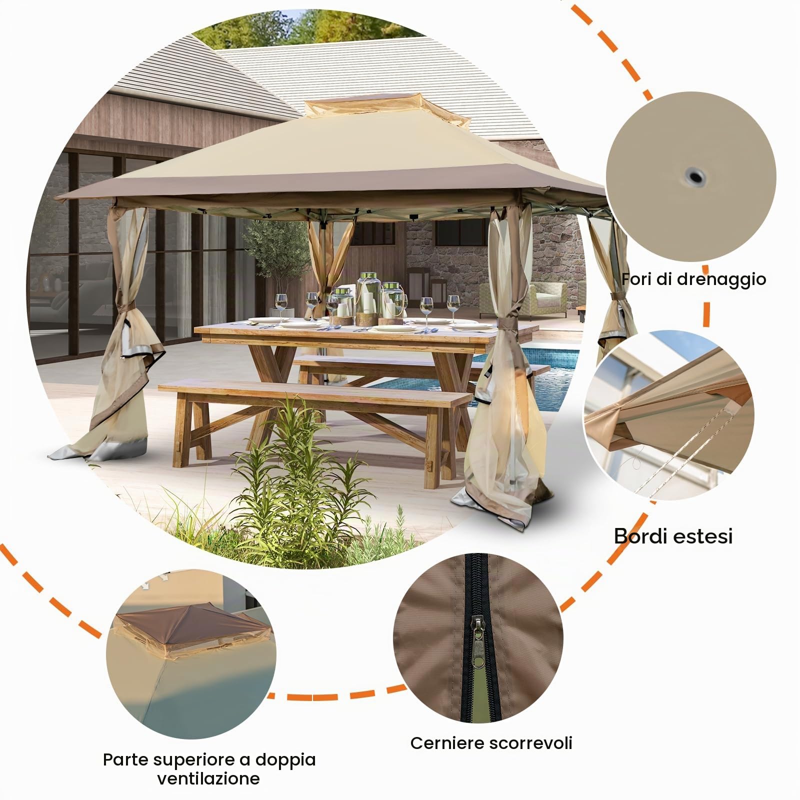 HOMASIS Gazebo Pieghevole con Tetto Doppio 3,6 x 3,6 m, Gazebo Esterno Resistente, Gazebo da Giardino in Altezza Regolabile con Cavi Anti-Vento/Sacchi di Sabbia/Borsa con Ruote, Cachi (Stile 1)