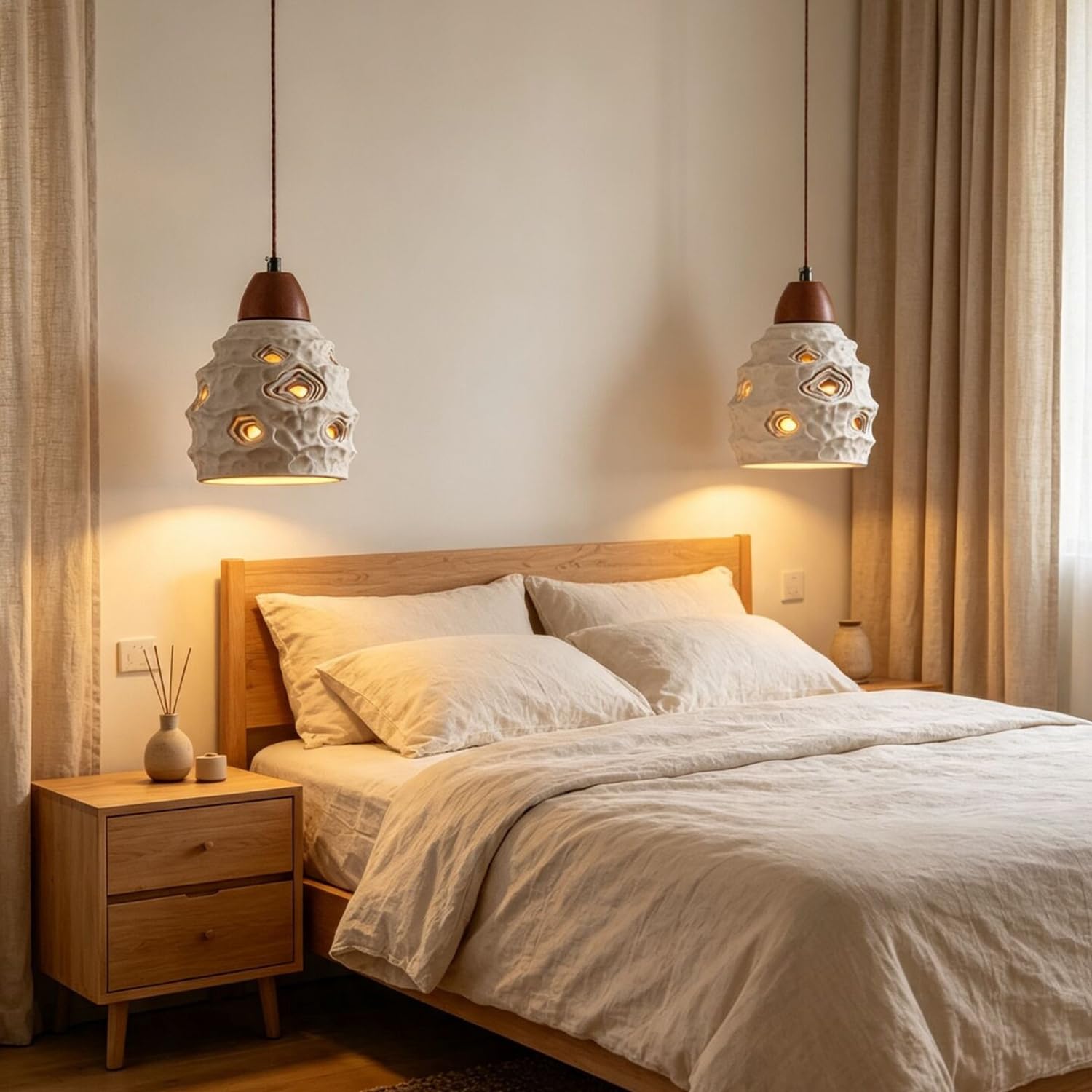 Lampadario creativo in cemento con luci sospese in legno
