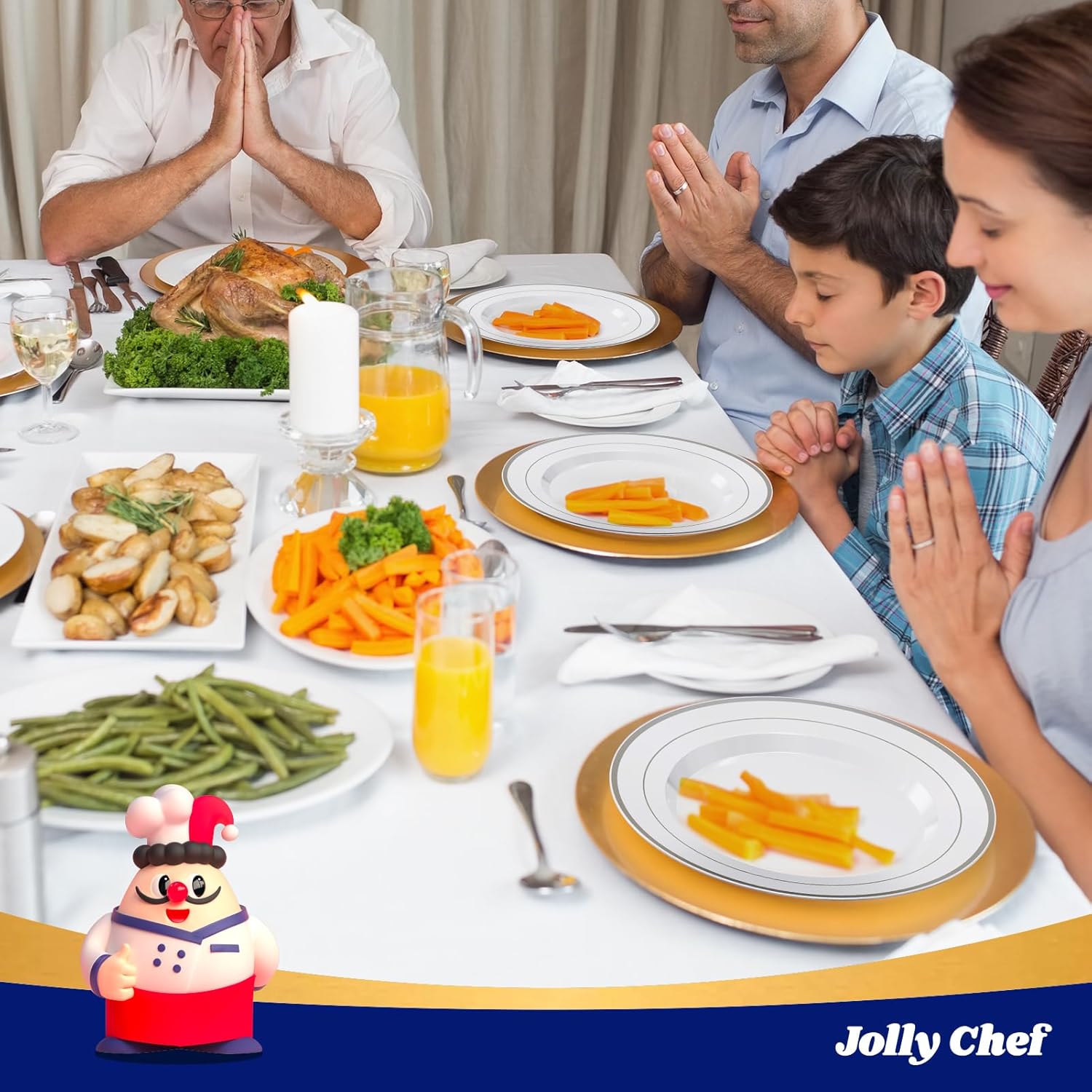 JOLLY CHEF 100 Pieces Silver Plastic Plates, 10 Inch Disposable Plates White Plate with Silver Rim, Heavy Duty Plastic Plates for Christmas, Birthdays and Weddings - Image 5