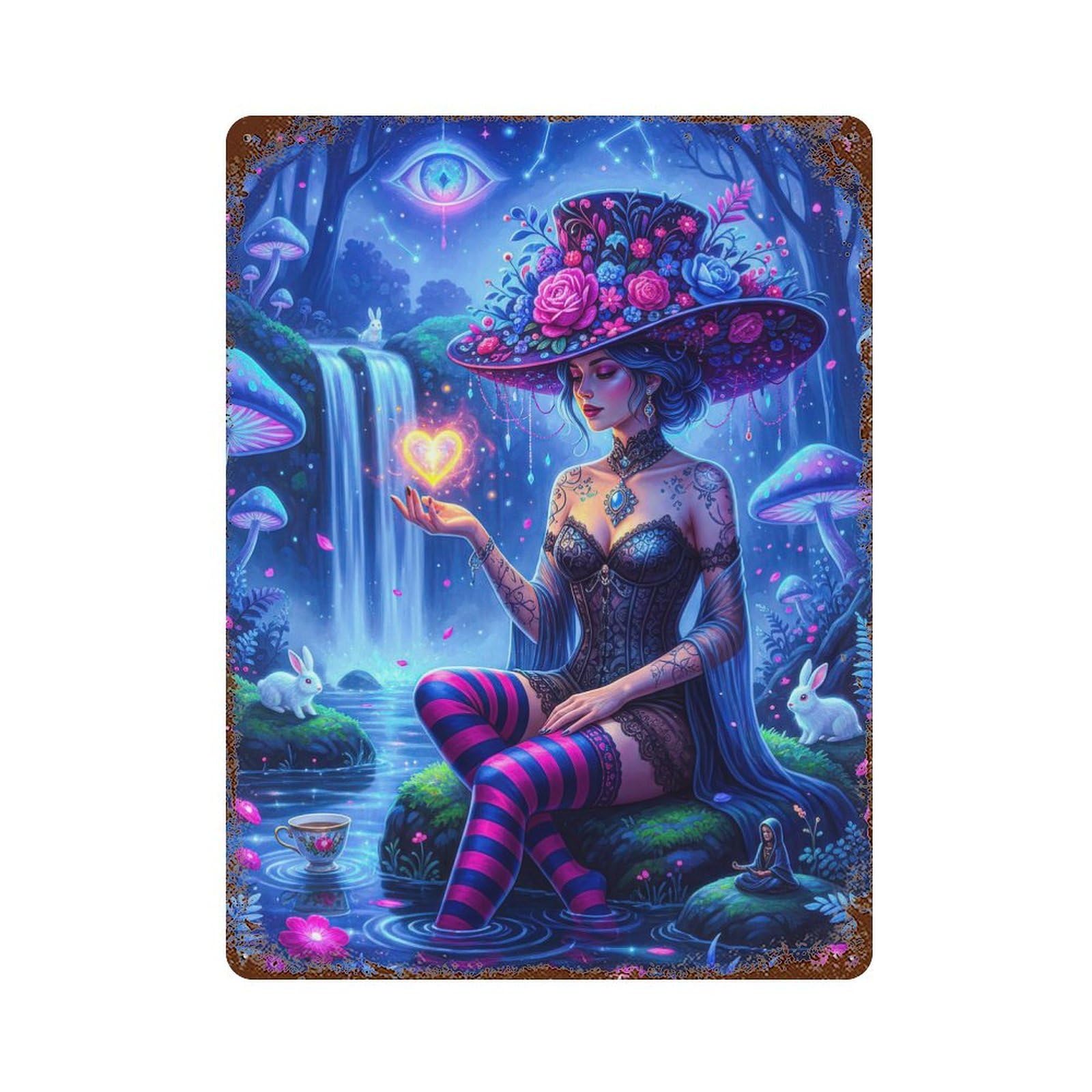 Enchanting Forest Witch with Heart Rustic Tin Plaque 15.7"x11.8", Industrial Home Decor for Pub, Kitchen And Man Cave Decor