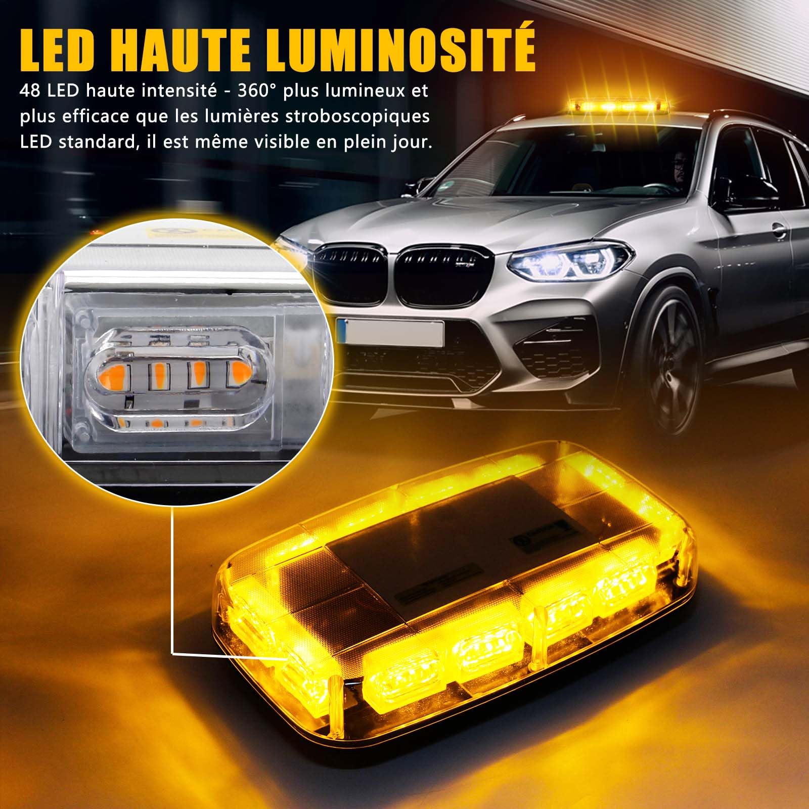 Lumières stroboscopiques ambre sans fil avec Base magnétique, lumière de balise de secours Rechargeable de 48 LED, lumière clignotant de toit pour les véhicules de camions de voiture