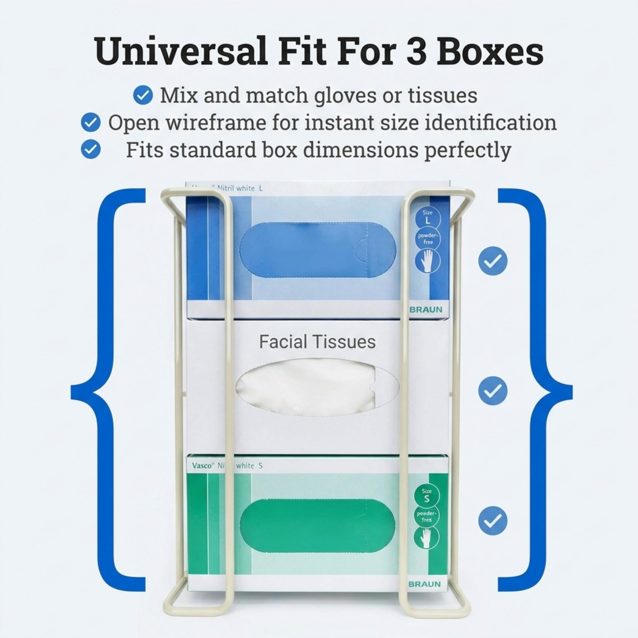PERFORMORE Large Disposable Glove and Facial Tissue Wire Rack - Glove Box Holder, Medical Glove Holder, Holds Up To 3 Boxes, Hygiene Dispenser, Wall Mount Design With Mounting Accessories Included