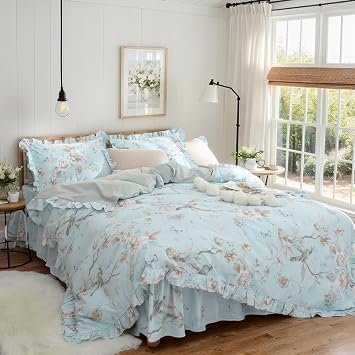 FADFAY Farmhouse Floral Bedding Shabby Blue Bird Print French Countryside Chic Bedding Set Luxury Bedskirt Collections 800 Thread Count 100% Egyptian Cotton, 4 Piece-Twin Size