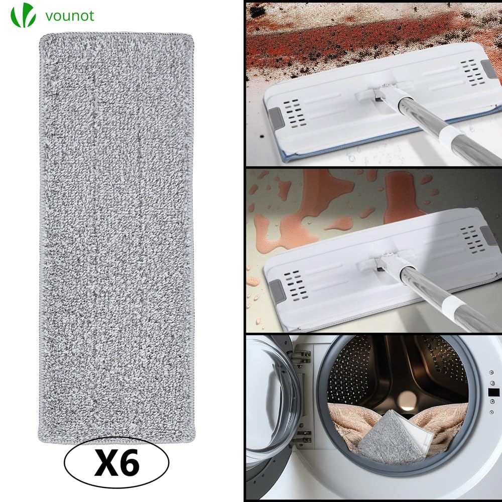 VOUNOT Bodenwischer, Wischmopp Set mit Eimer zum Auswringfunktion, Flacher Mikrofaser & Putzset mit Edelstahlgriff, 6 Wiederverwendbare Wischmop Ersatzbezüge, alle Arten von Böden Weiß