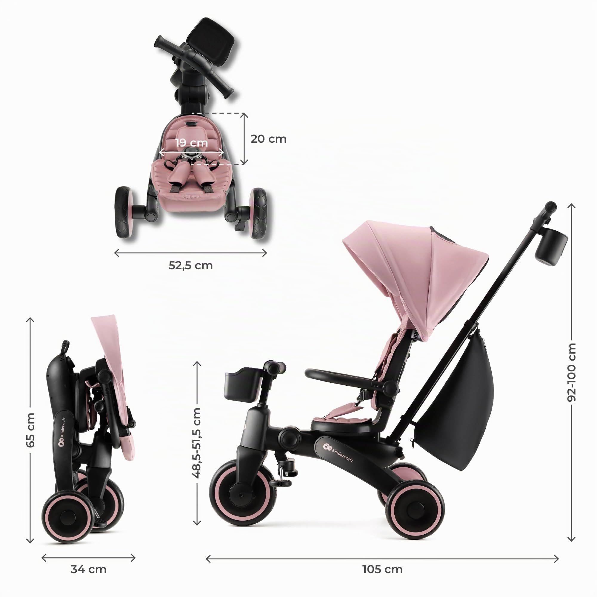 Kinderkraft JAZZ2 Triciclo 6 en 1, con función de Rueda para niños, Cochecito Plegable con Accesorios, protección UV UPF50+, de 9 Meses a 5 años, Rosa