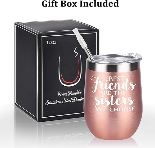 Miniatura 4 de Qtencas Vaso de vino con tapa, diseño de hermanas y amigas, con texto en inglés "Friends Are The Sisters", con la frase "We Choose We Choice",