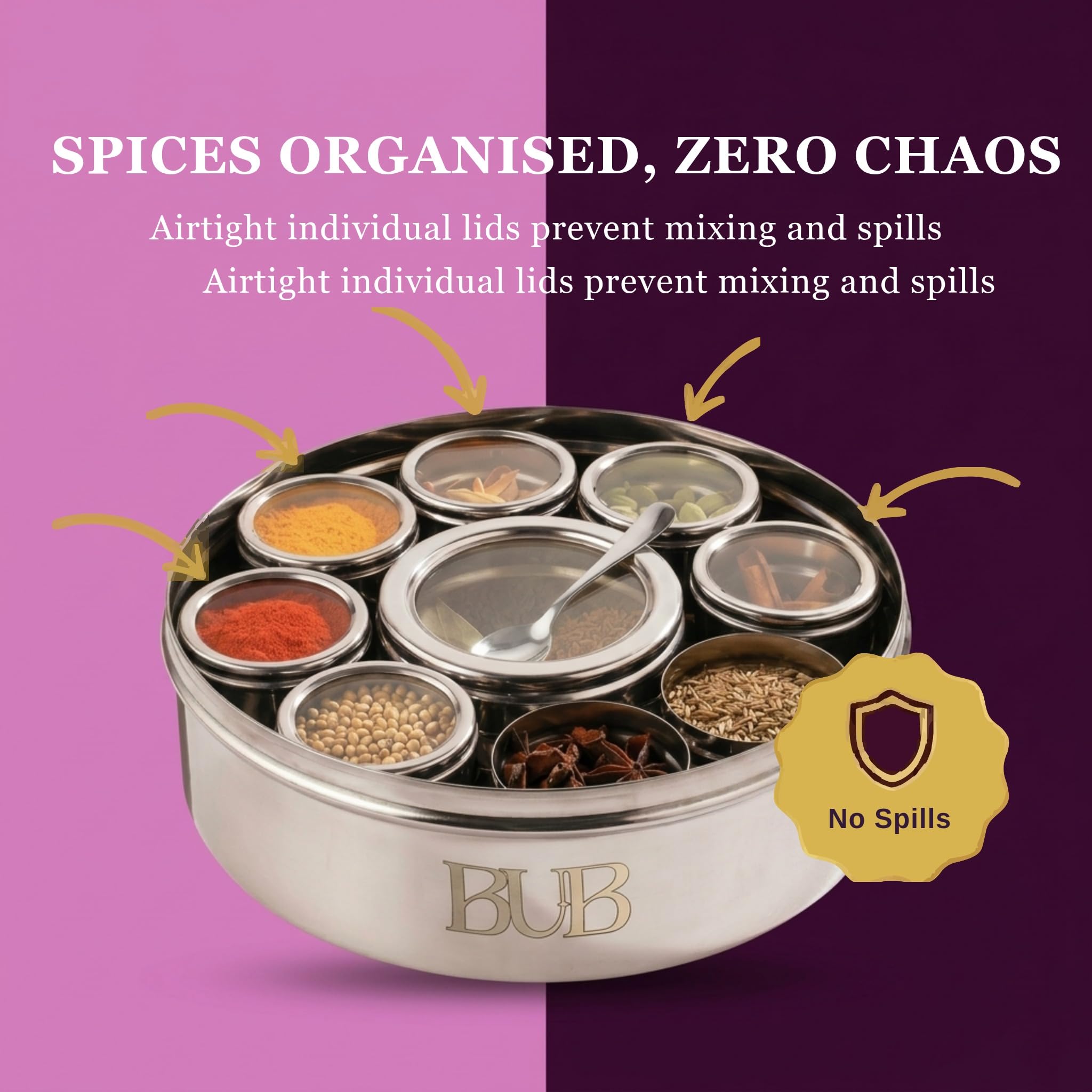 Bub: Lata grande de especias Masala Dabba de 22 cm, 9 tarros de especias con tapas individuales, capacidad para 12 especias, acero inoxidable pulido con cuchara para servir y tapas acrílicas
