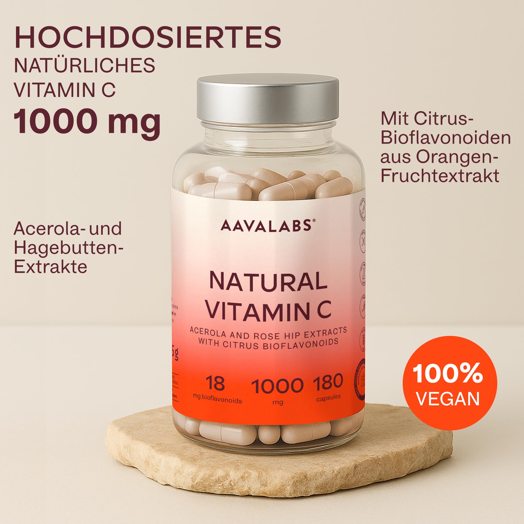 Vitamin C Hochdosiert Vegan - Acerola Vitamin C 1000mg pro Tagesdosis (2 Kapseln) mit Hagebutten, und Zitrus-Bioflavonoiden aus Orangenfrucht Extrakt - 180 Natürliches Vitamin C Kapseln