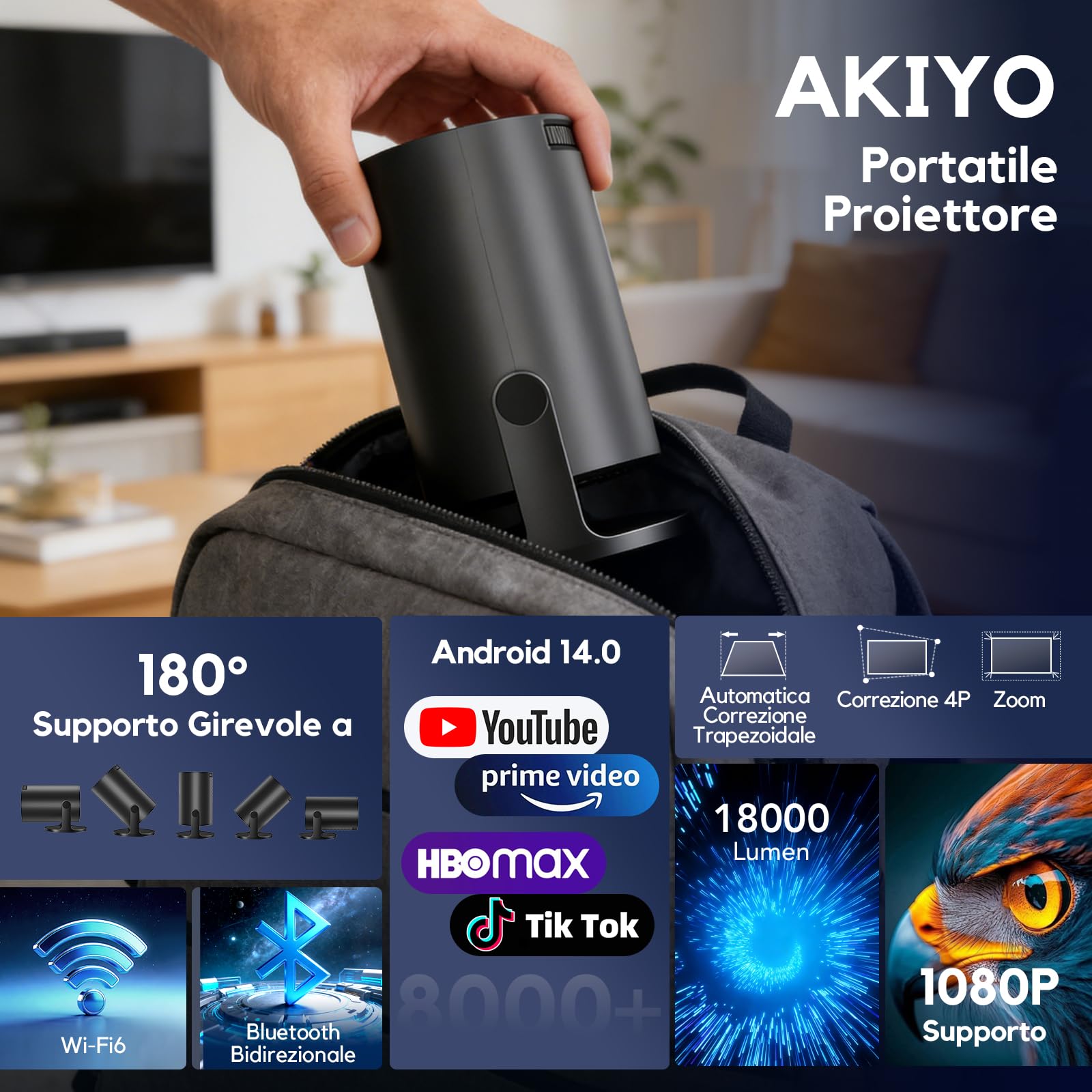 [App Integrata & 2026 Upgraded] Mini Proiettore 4K Supporta 18000 lumen, AKIYO O2 Proiettore Portatile WiFi 6 BT 5.4, Auto Keystone, Ruotabile 180°, Dual Control Compatibile con HDMI/Phone/Laptop | 2026 Upgraded Auto Keystone, Ruotabile 180°, Dual Control