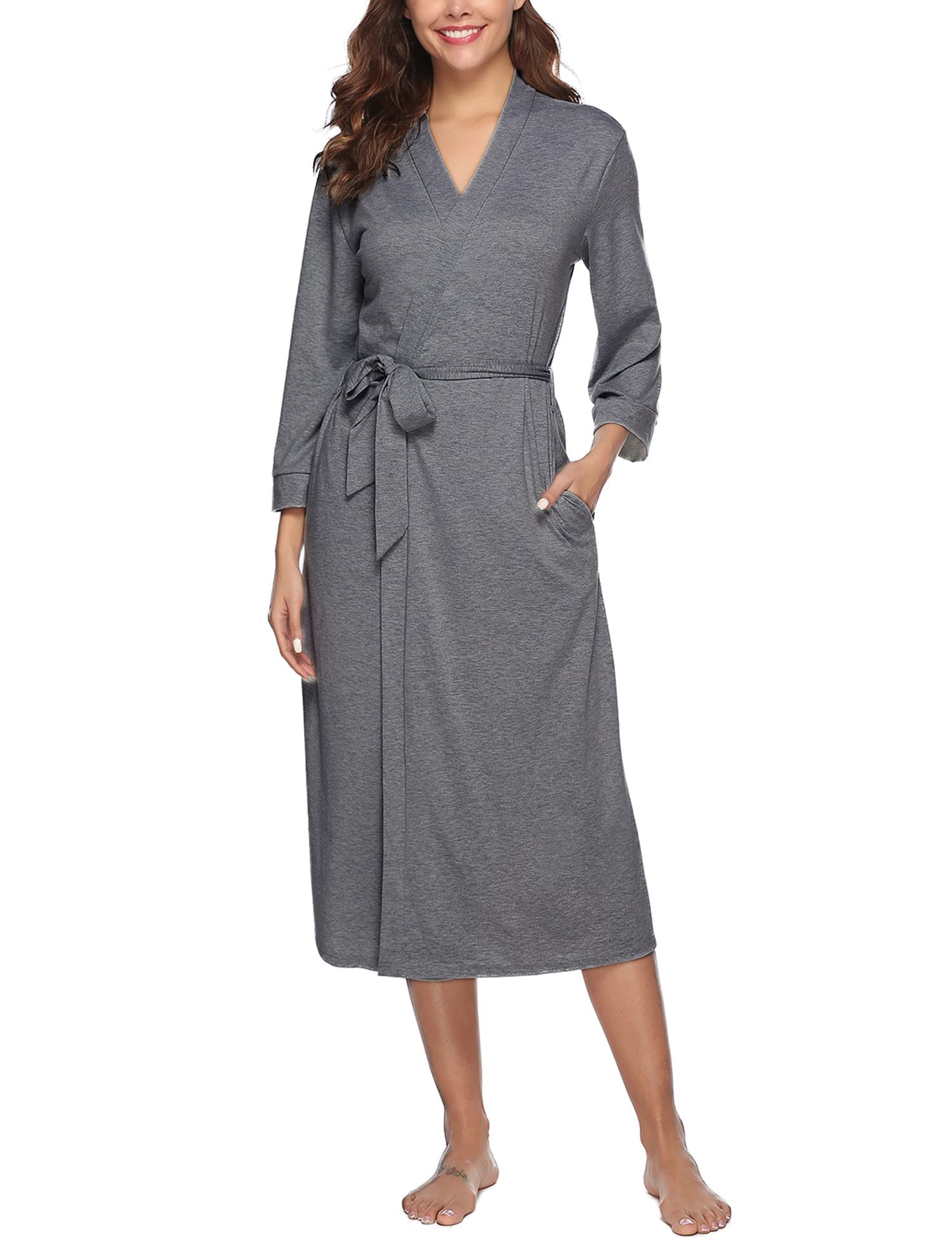 Nieery Bata Mujer Algodón Albornoz Largo Bata de Casa Mujer con Cinturón Ropa de Dormir Suave y Comodo 3/4 Manga Sauna Kimono con Bolsillo