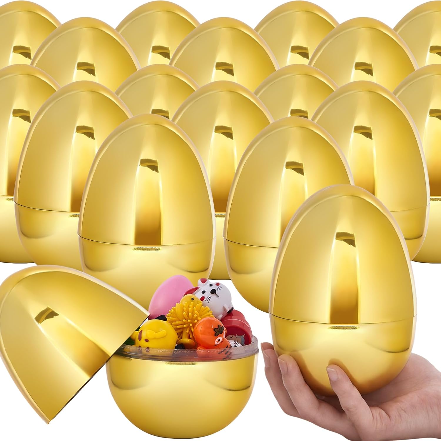 16 PCS Jumbo Gold Plastic Easter Eggs, 6 Inch Giant Metallic Golden Easter Eggs Fillable Large Empty Egg for Easter Hunt Basket Stuffers Fillers Filling Treats Classroom Prize Supplies