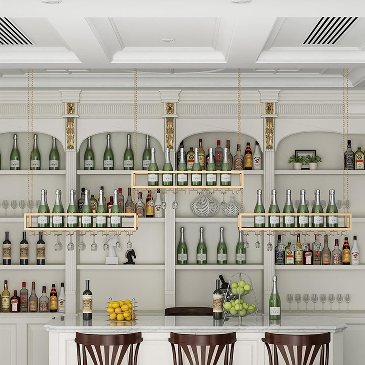 Ceiling Mounted Metal Wine Bottle Holder with Glass Goblet Storage Shelf Stylish Bar Display Rack for Home Kitchen or Restaurant Gold Finish 60x25x20cm