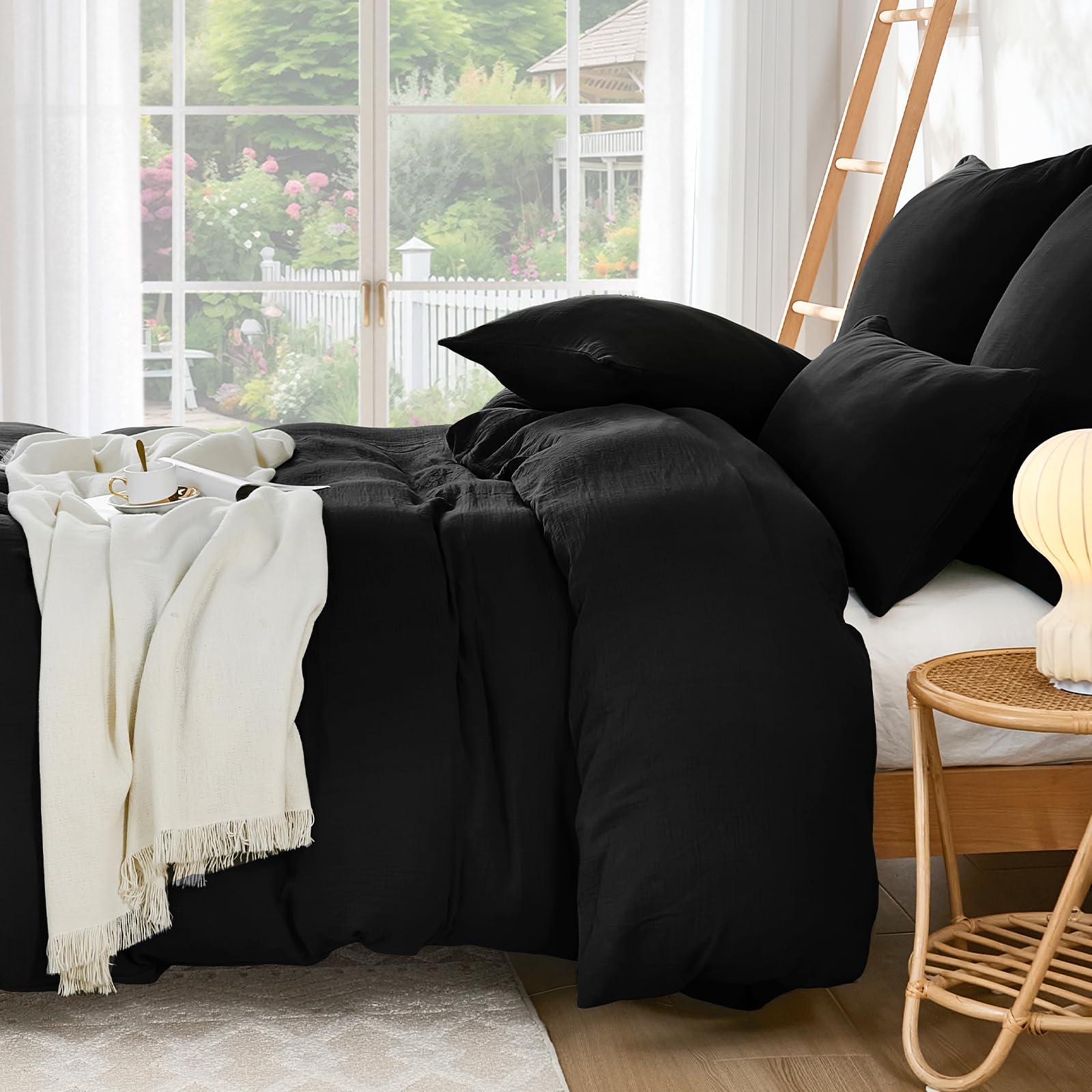 WONGS BEDDING Musselin Bettwäsche 135x200 Schwarz mit 80x80 Kissenbezug