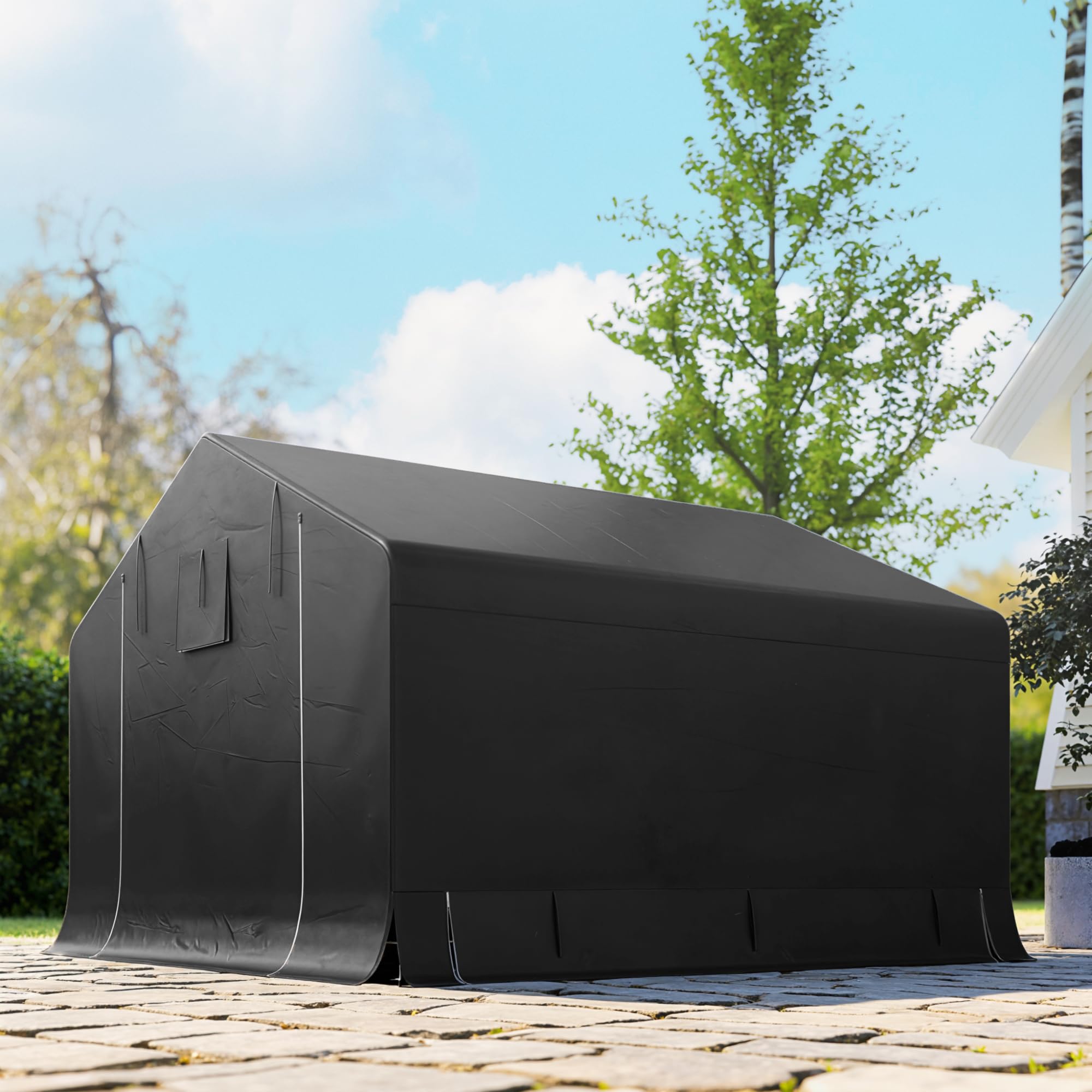 Outsunny Cobertizo portátil 10'x10' Impermeable Tienda Bici Gris Oscuro | Puerta enrollable cremallera, marco acero galvanizado reforzado, cobertizo exterior para bici, moto, herramientas