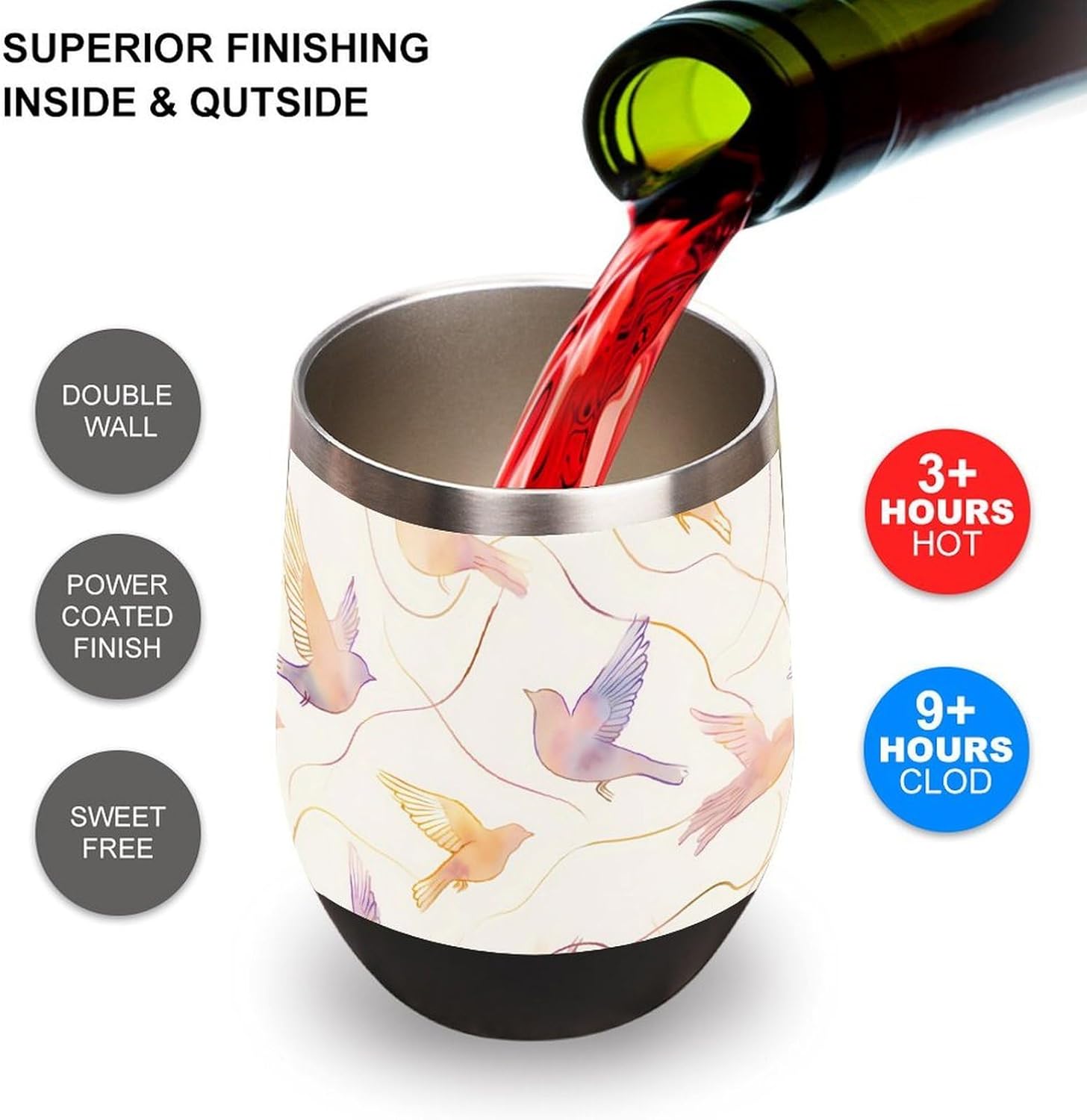 Watercolor Birds Abstract Minimalism Insulated Drinking Cup Stainless Steel Coffee Mug Wine Tumbler with Lid 12OZ