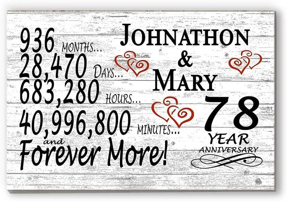 Personalized 78th Anniversary Sign Gift 78 Year Wedding Anniversary For Couple - Minutes Days Years - Solid Wood - 16.5in x 10.5in x .75in