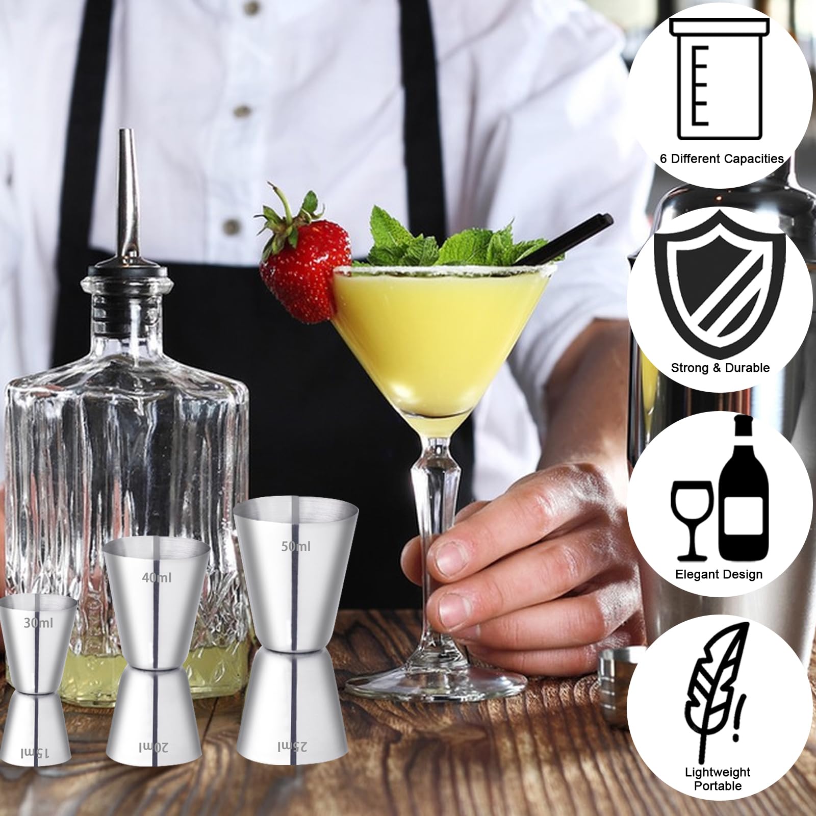 Set De 4 Tasses à Mesurer Cocktail - Acier Inoxydable Avec Becs Verseurs Et Brosses