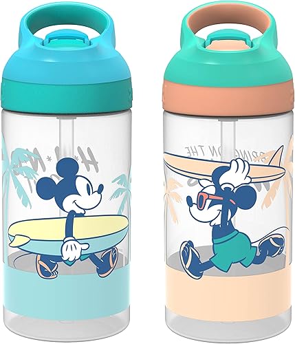 Zak Designs Disney Mickey Mouse - Juego de 2 botellas de agua para niños con popote de 16 onzas sin BPA juego de bucles de transporte integrado