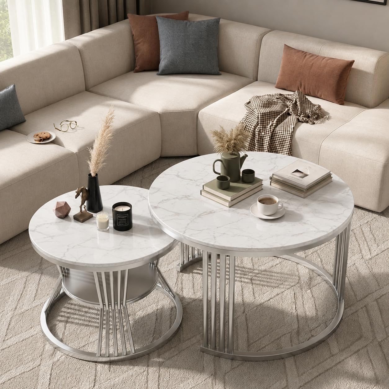 Brown Art SHOPPEE Round Coffee Table Home Décor Furniture Coffee Table Sets,2 Piece MDF Top,Stacking Nesting Table with Iron Frame for Living Room Living Room or Lounge (Silver White)-image-9