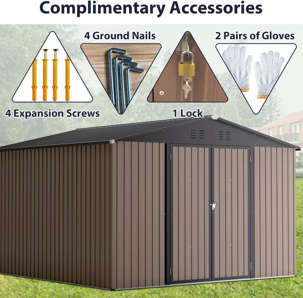 10x10 Metal Storage Shed, Outdoor Steel Utility Shed with Lockable Doors for Garden, Backyard, Patio Tool Storage