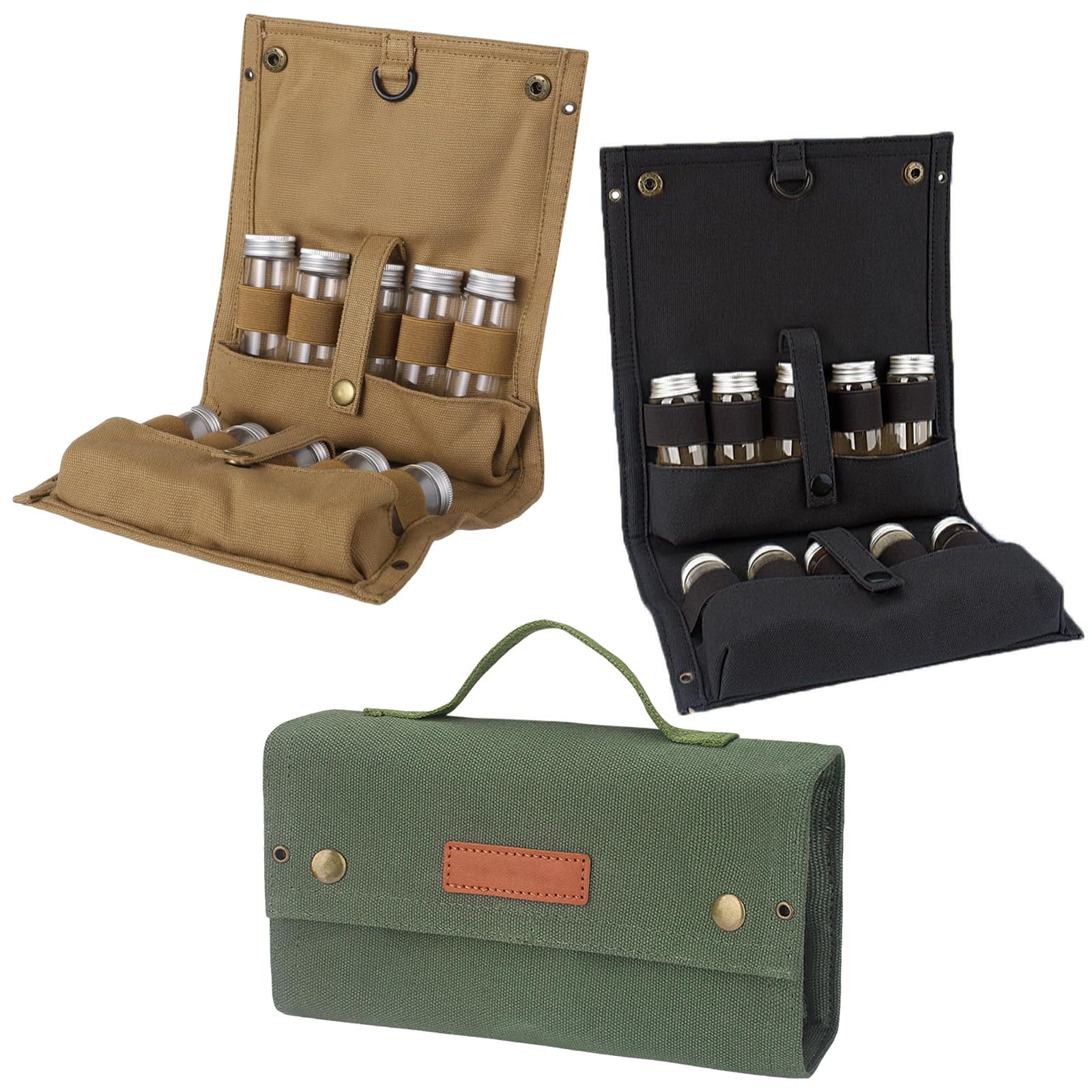 Tragbare Reise Gewürz Sets, kompakte Camping Gewürz Organizer mit 10 nachfüllbaren Gläsern für Rucksackreisen, Wandern, Mahlzeiten, Gewürzflaschenhalter, Gewürz Organizer