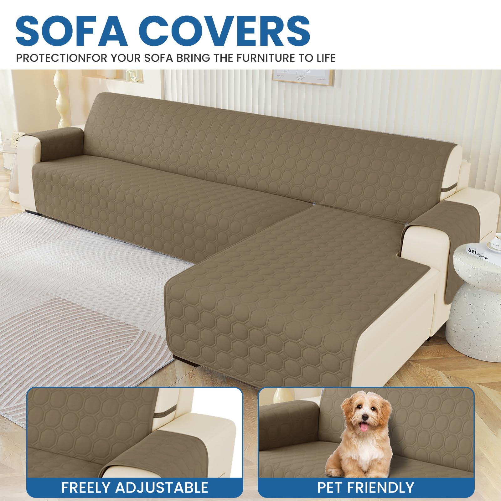 Ystyle Fundas para Sofa Chaise Longue 3 Plazas Impermeable, Fundas Sofa Chaise Longue Izquierda/Derecha Universal Reversible, Protector de Muebles Antideslizante y Antimanchas, Café Claro