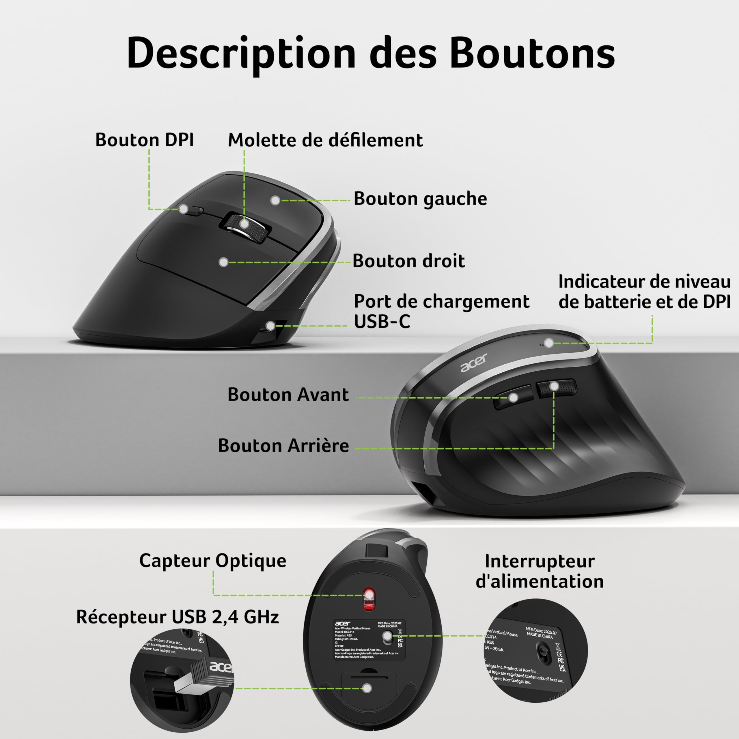 Acer Souris Ergonomique sans Fil, 2,4 GHz Souris Rechargeable, Verticale Mouse 1600PPP, 6 Boutons, Souris d'Ordinateur avec récepteur USB pour PC, iMac, Ordinateur de Bureau