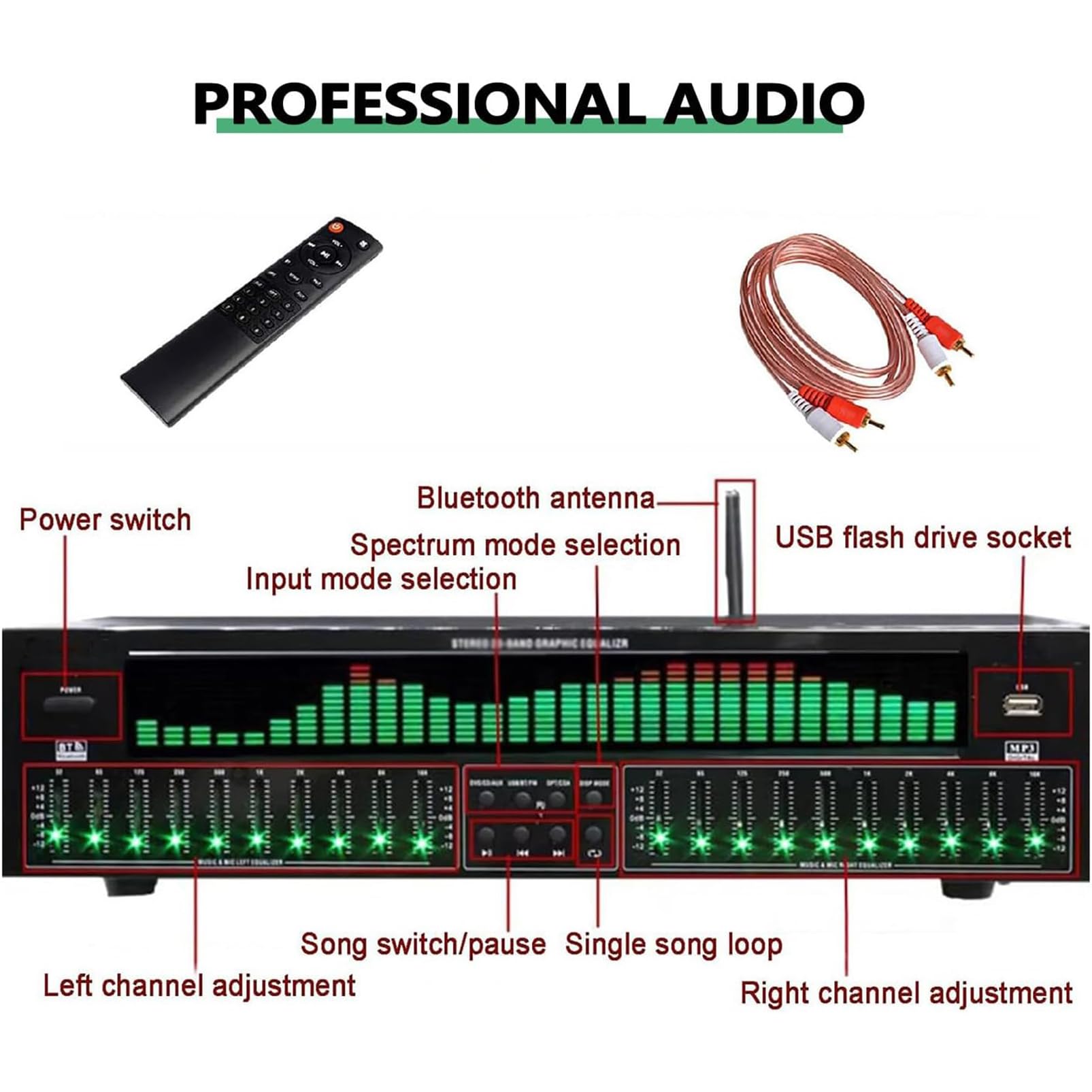 31 Bänder Grafischer Equalizer, Professioneller EQ Equalizer Digitaler Audioprozessor Mit Fernbedienung & Audiokabel, Bluetooth 5.4 Optisch Koaxial Digital Audio Dekodierung, Für Bühne,Tonstudio
