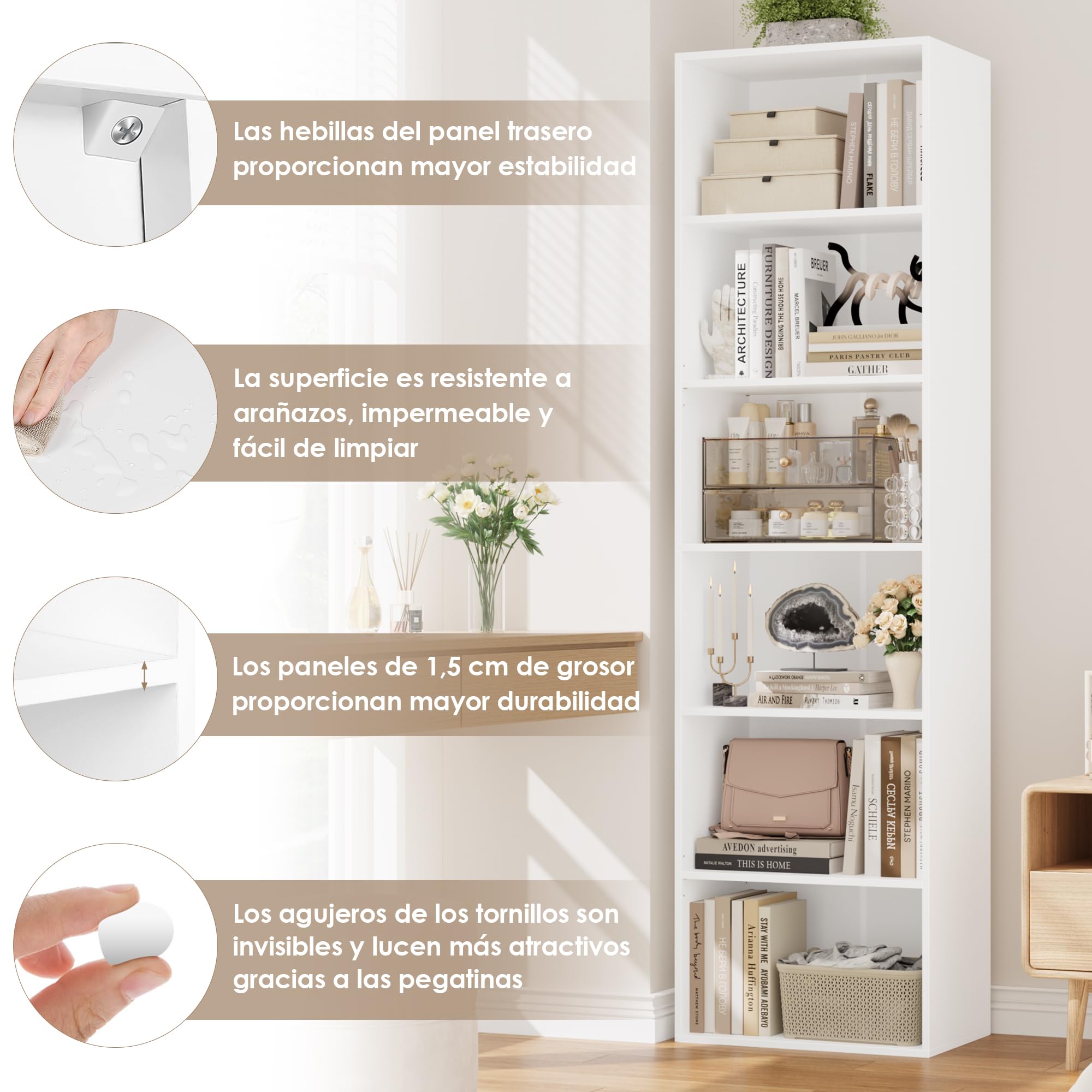 FirFurd Estantería Libros Sinfonier Alto Librería Madera, 6 Compartimentos | Librería Estantería, Biblioteca, Estanterias Almacenaje, Estrecha y Alta, para Salón Oficina Dormitorio Blanco 48x30x191Al.cm