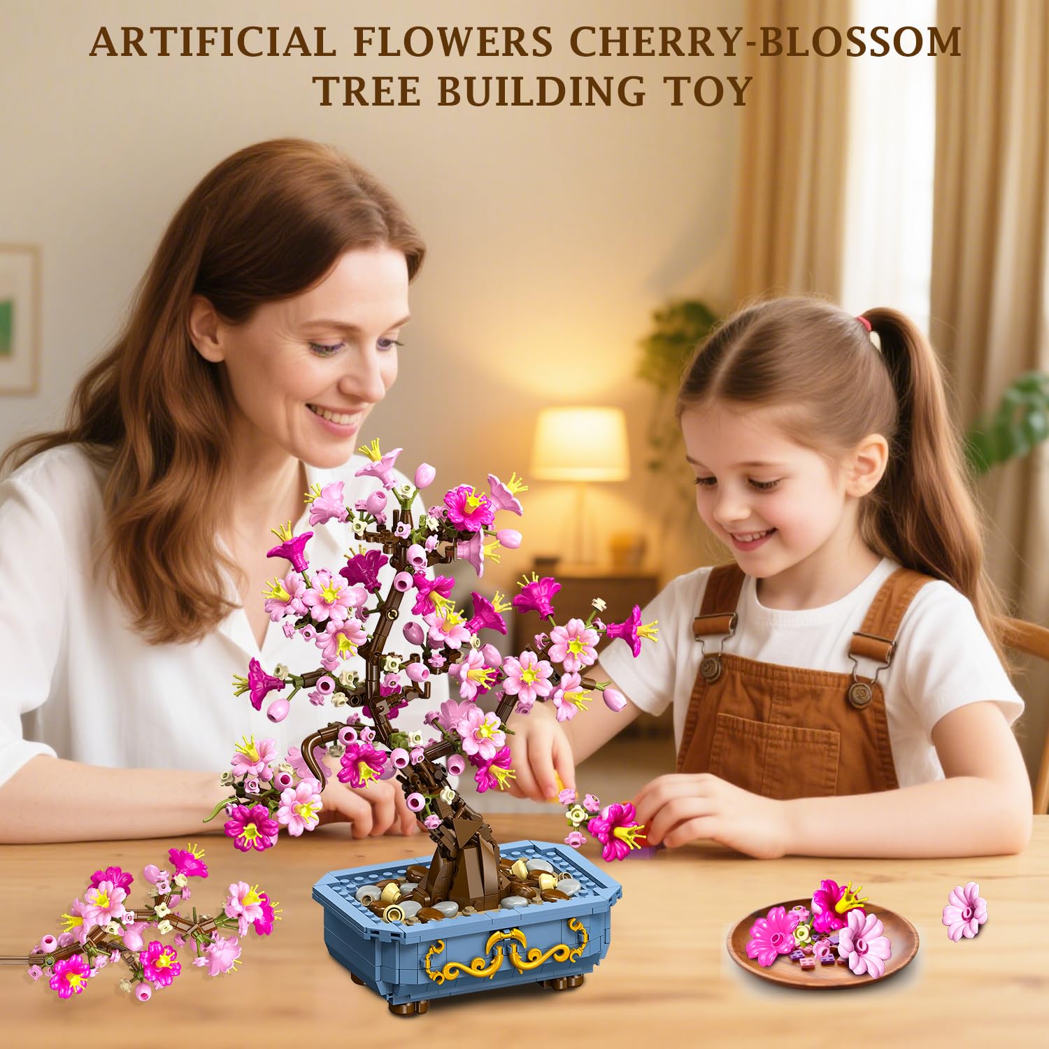 HOGOKIDS Set di bonsai con fiori di ciliegio, 2 in 1, pietre artificiali per bonsai per la casa, esposizione, fiori botanici, giocattolo da costruzione, regalo di compleanno per adulti (775 pezzi)